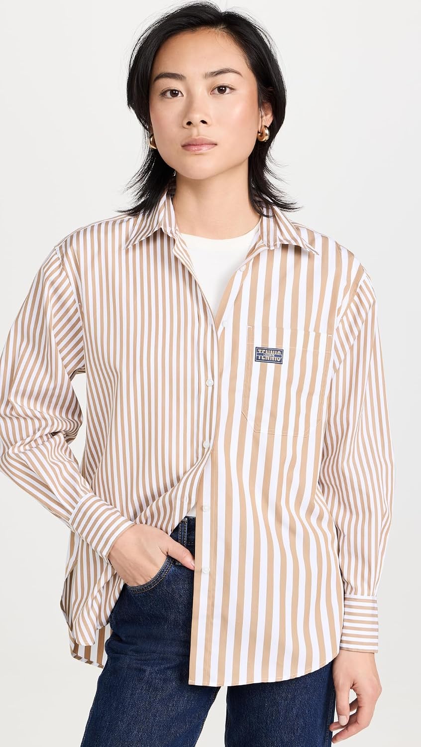 Lacoste x Bandier Women's Cotton Striped Regular Fit Button Down Shirt