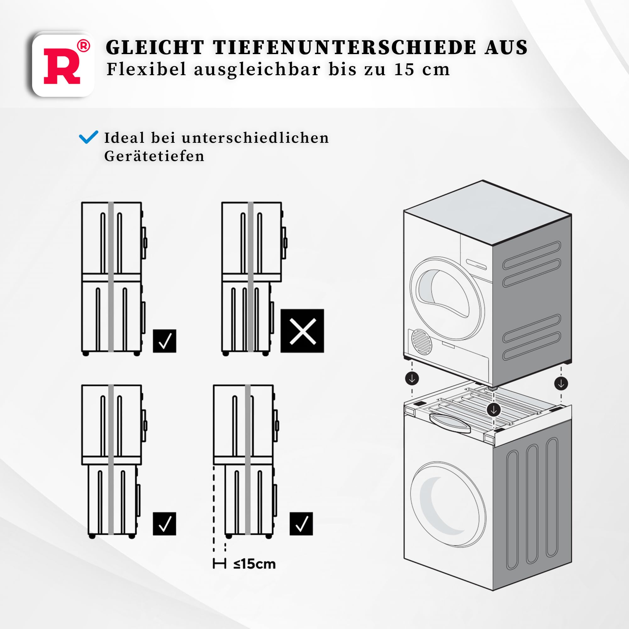 ROLLER Kappatos Zwischenbaurahmen mit Wäscheständer, 250 kg Aluminium | 100% Aluminium, Für 60 cm breite Geräte, Fußabstand 53-60 cm, Trockenfläche 2,8 m, 250 kg, Made in EU, Vormontiert