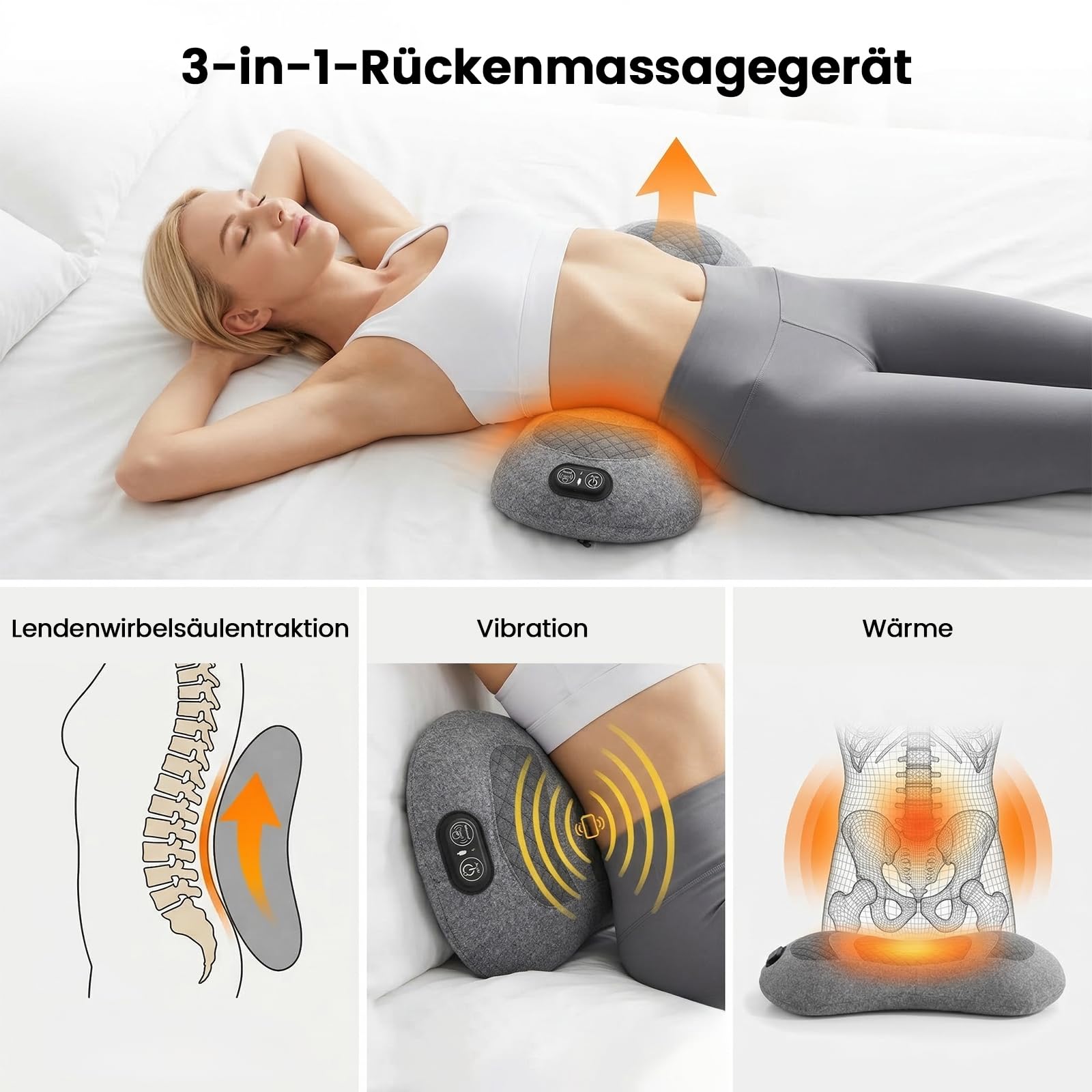 3-in-1 kabelloses Rückenmassagegerät für Rückenschmerzen | Wärme, Vibration & sanfte Traktion, geeignet für Ischias, nutzbar im Auto, Bett, Bürostuhl und auf Reisen
