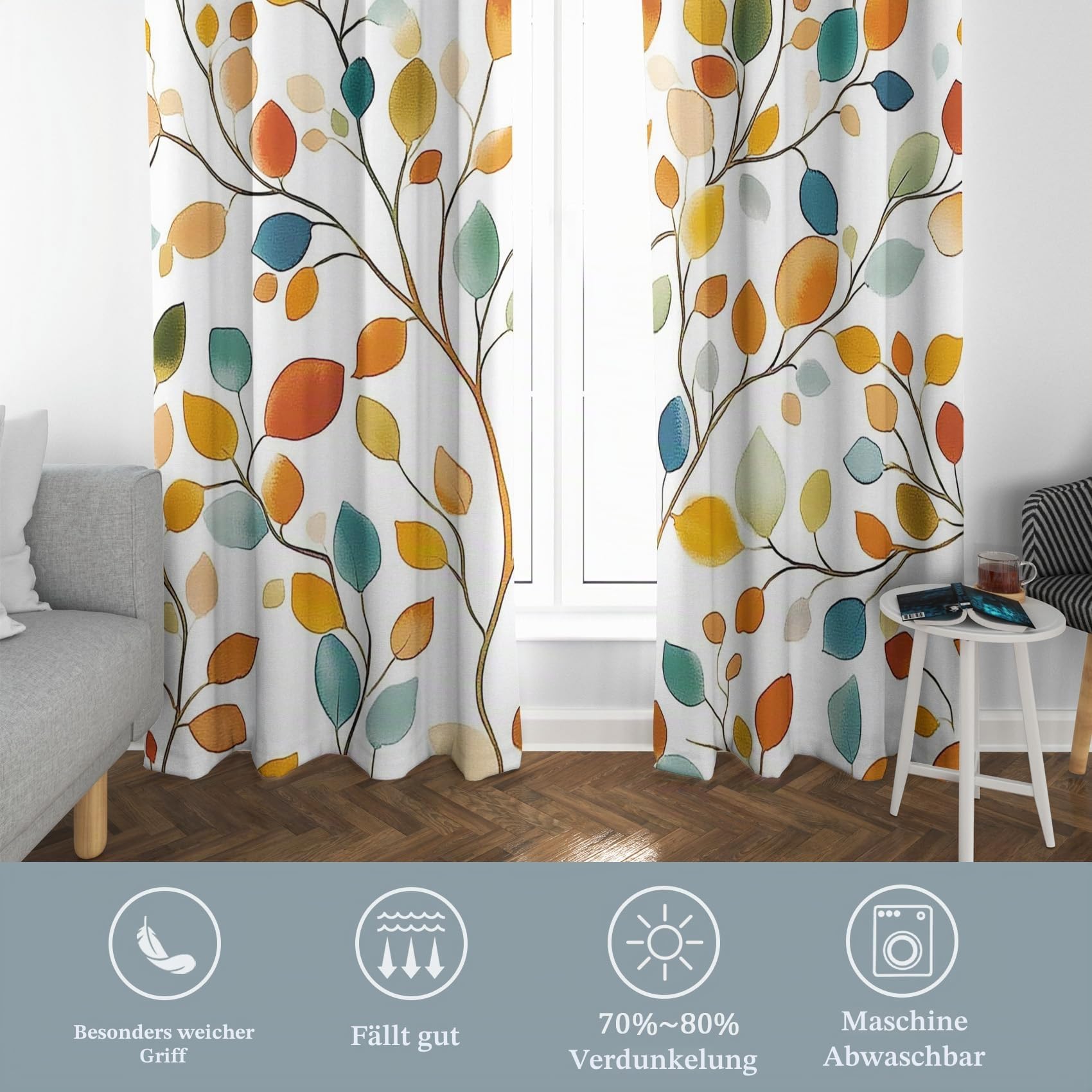 Bunte Blätter Vorhänge, Verdunklungsvorhänge mit Muster Botanisch, Vorhang Blickdicht mit Ösen, Gardinen für Wohnzimmer Schlafzimmer Deko 2er Set - 160x132 (H X B)