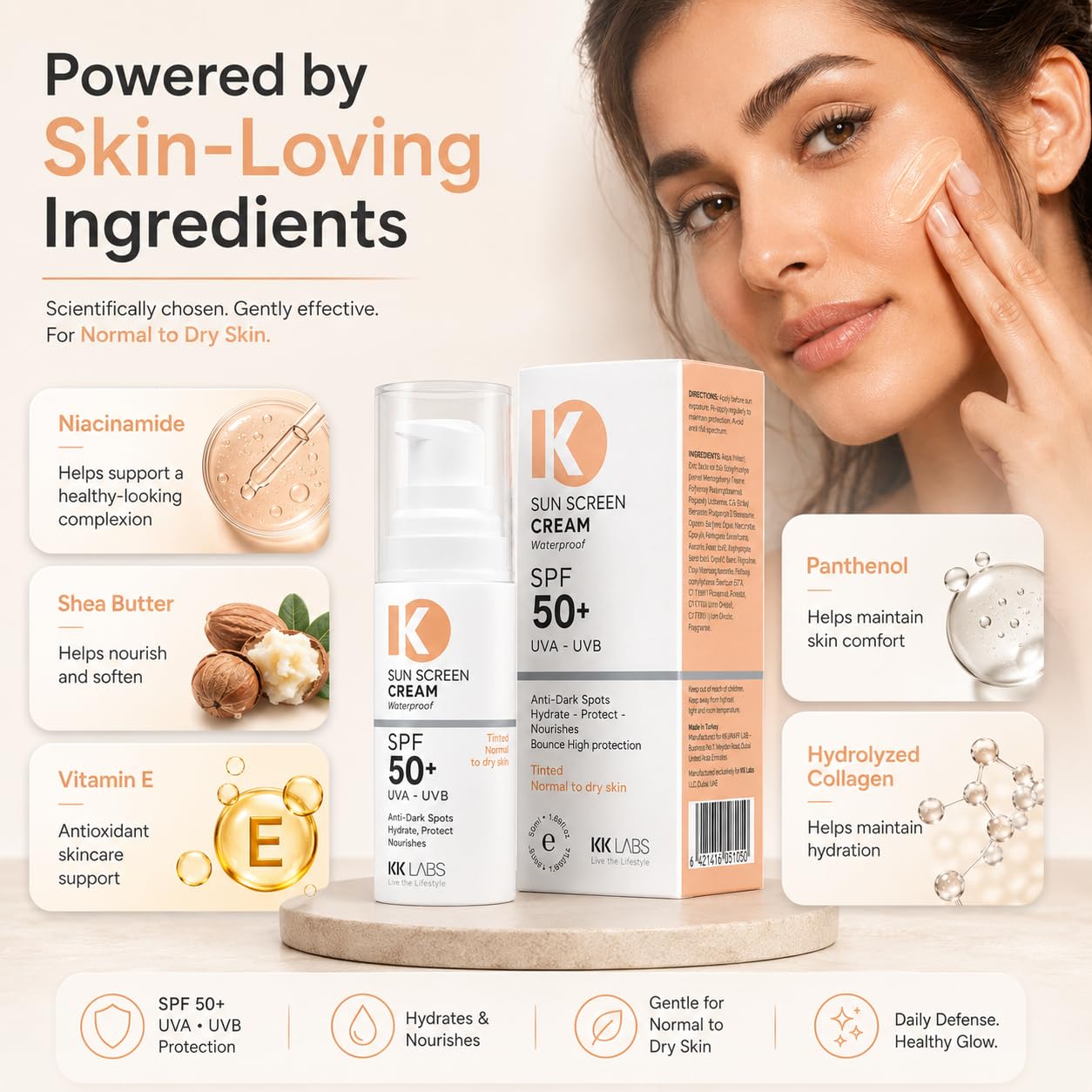 KK Labs Tinted Sun Cream for Normal to Dry Skin 50ml - Hydrating Daily Facial Sunscreen with a Tint That Evens Tone for a Natural, Radiant, Comfortable Complexion, Men and Women