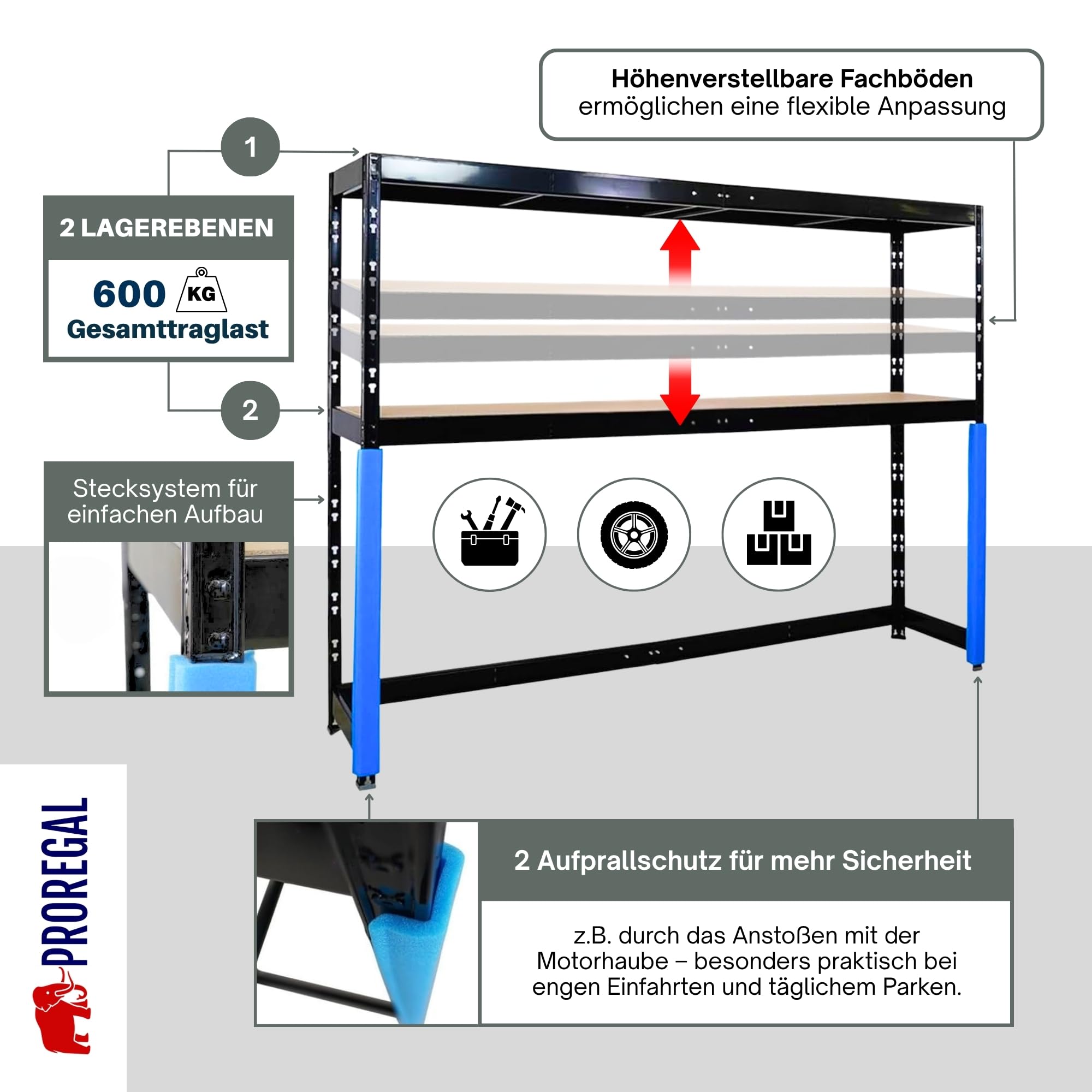 PROREGAL Garagenregal Hercules platzsparend unterfahrbar HxBxT 180x240x50cm 2 Lagerebenen Fachlast 300kg Schwarz Schwerlastregal Lagerregal