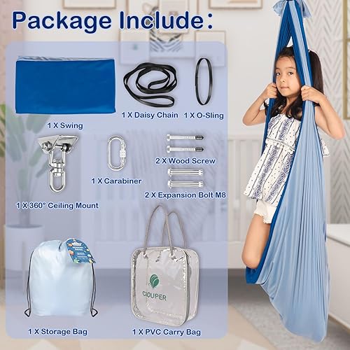 Miniatura 7 de Ciouper Columpio sensorial para niños con colgador giratorio de 360, hamaca de terapia interior de doble capa, ideal para autismo, TDAH, trastorno