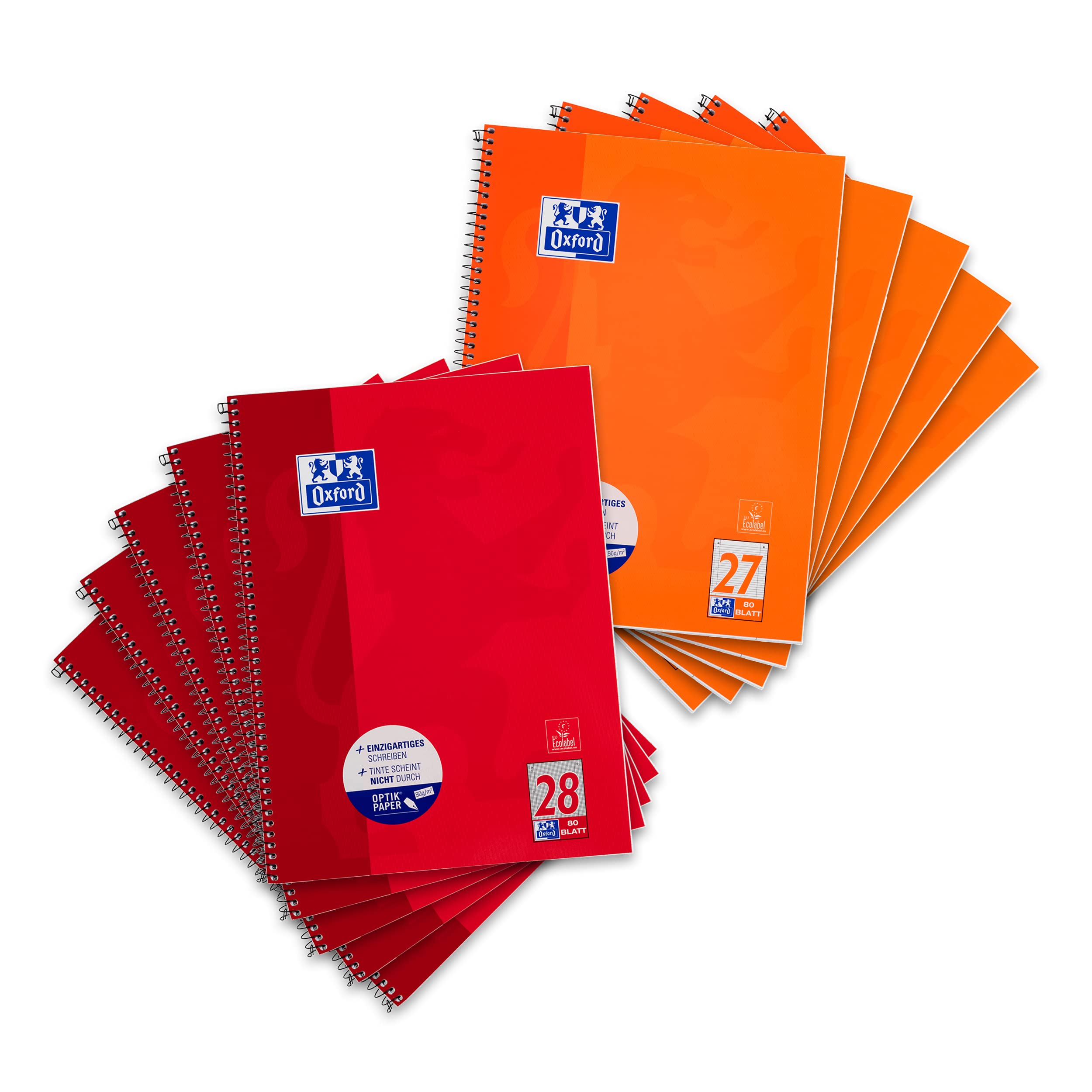 Oxford Collegeblock A4 kariert und liniert, 80 Blatt, rot und orange, 10 Stück & Collegeblock Duo A4 kariert und liniert, 80 Blatt, rot/blau, 3 Stück