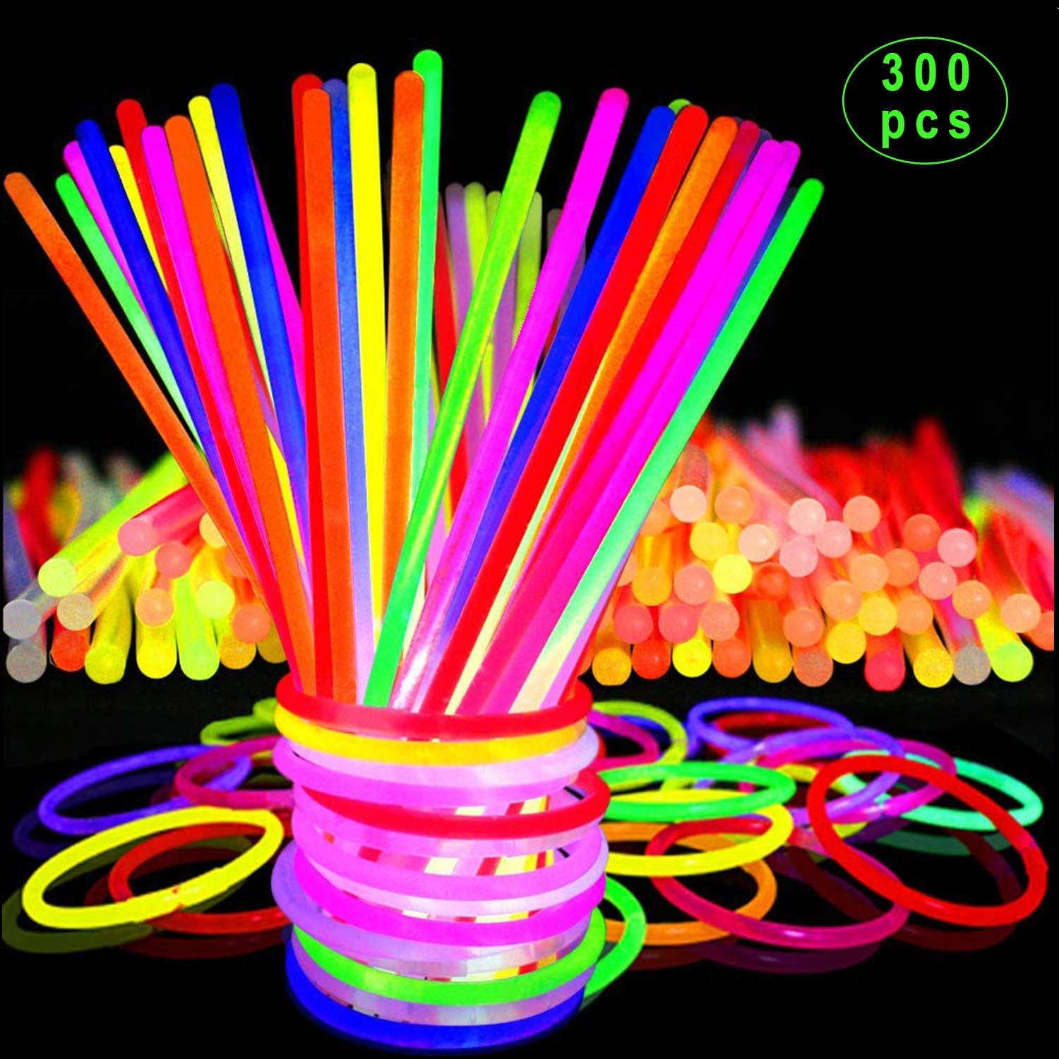 Inifty Glow Sticks Bulk Party Favors 300 Pack - 8" in The Dark Party Supplies Light Sticks, Glow Necklaces Bracelets Kids (300 Pack)