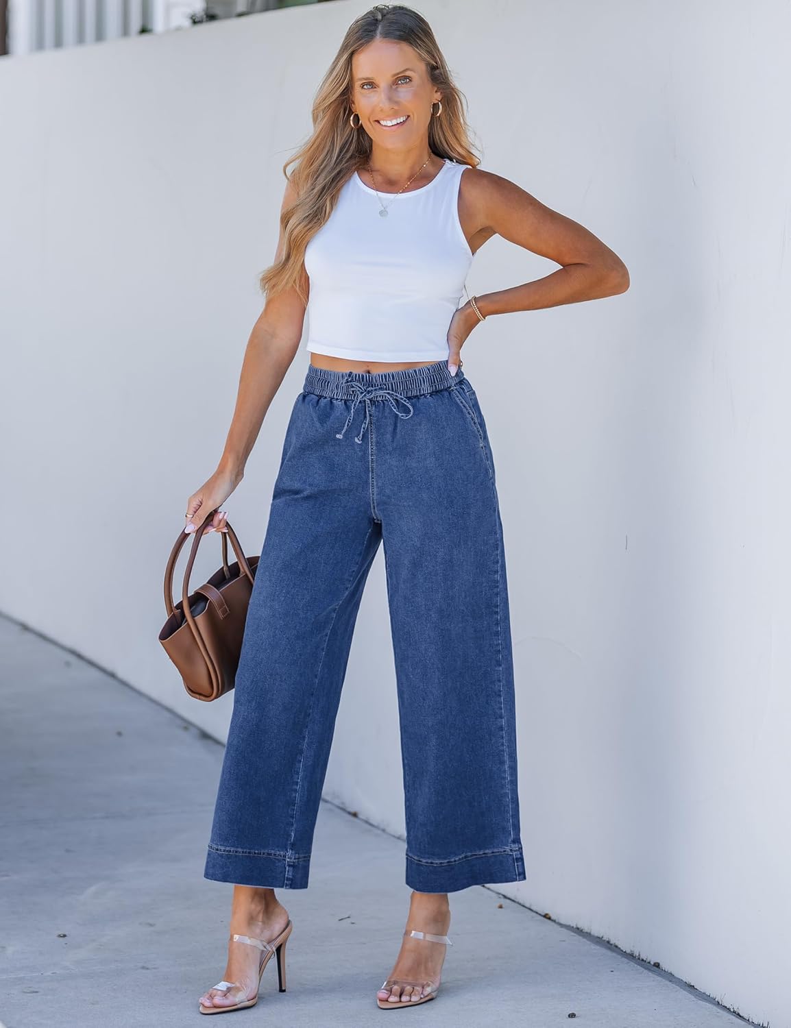 luvamia Wide Leg Jeans for Women High Waisted Cropped Pull On Jeans Elastic Wasit Drawstring Stretch Denim Trouser Pants - Image 8