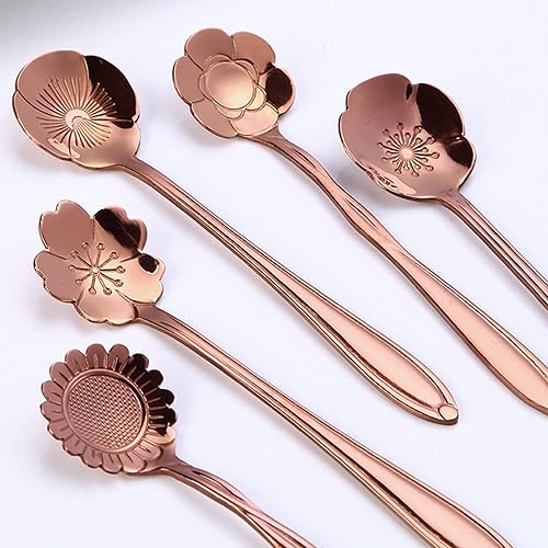 Miniatura 4 de Juego de 9 cucharas de café con diseño de flores, cucharas de té de acero inoxidable para decoraciones de fiesta de té (oro rosa)
