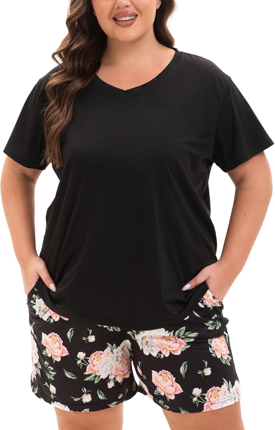 Plus Size Pajamas for Women Set, 2 Piece Womens Plus Size Short Sleeve V Neck Top and Shorts Pajama Sets with Pockets - Image 3