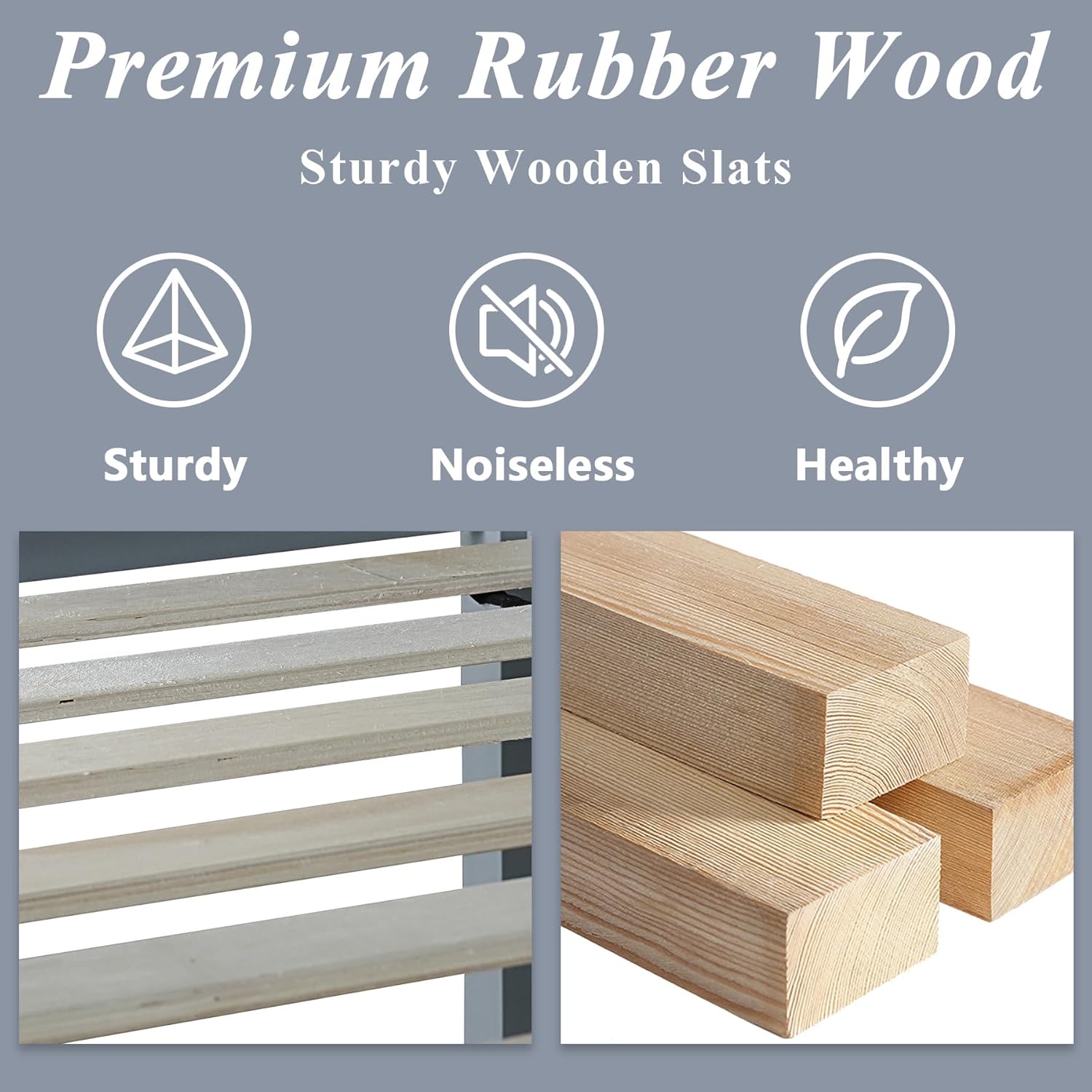 Image showing close-ups of wooden slats and blocks of rubber wood, with text indicating 'Premium Rubber Wood' and 'Sturdy Wooden Slats'.