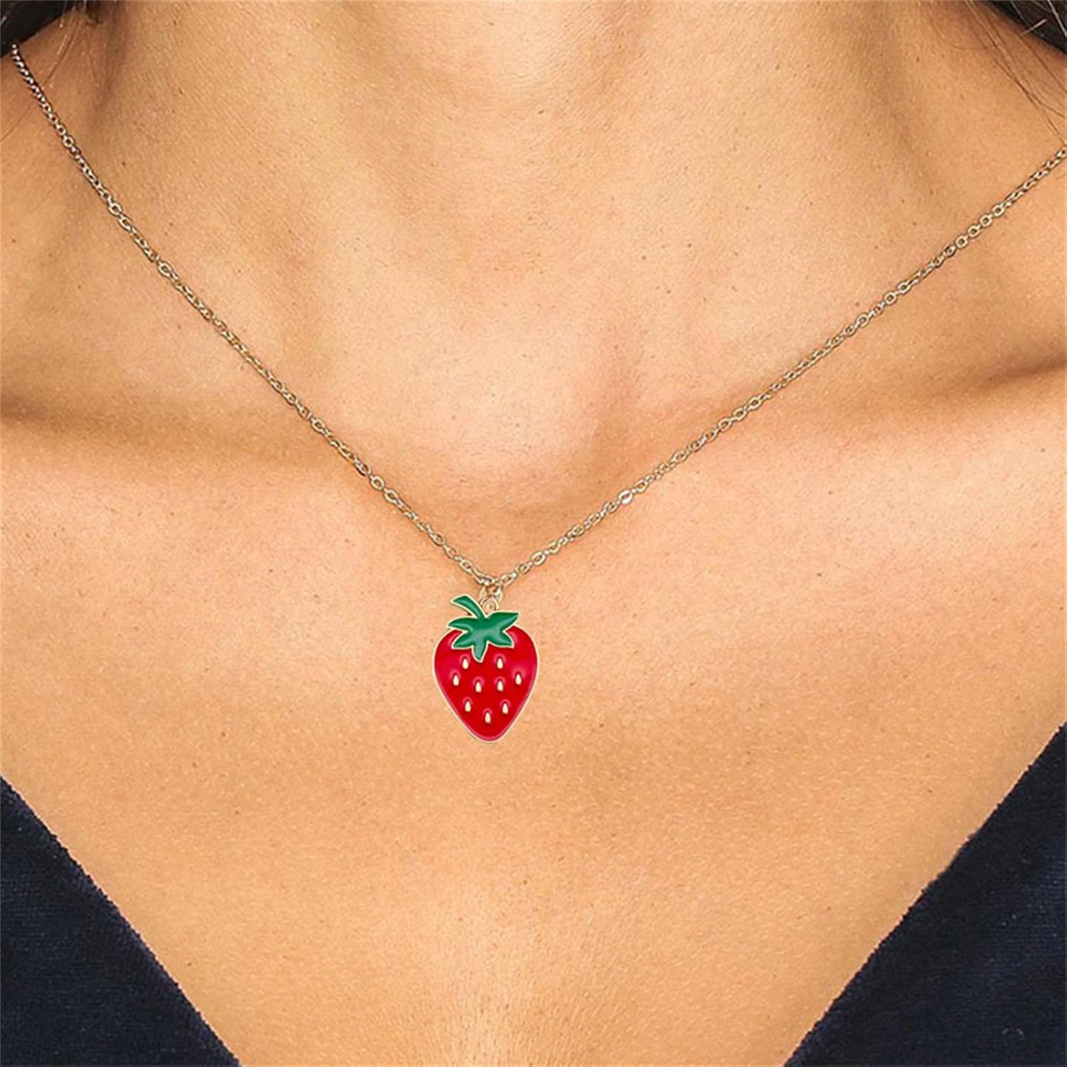 Dreuyet Strawberry Jewelry Set for Women - Cute Lifelike Red Strawberry Necklace, Earrings, Ring, Bracelet - Sweet Small Fresh Fruit Charm Jewelry - Image 3