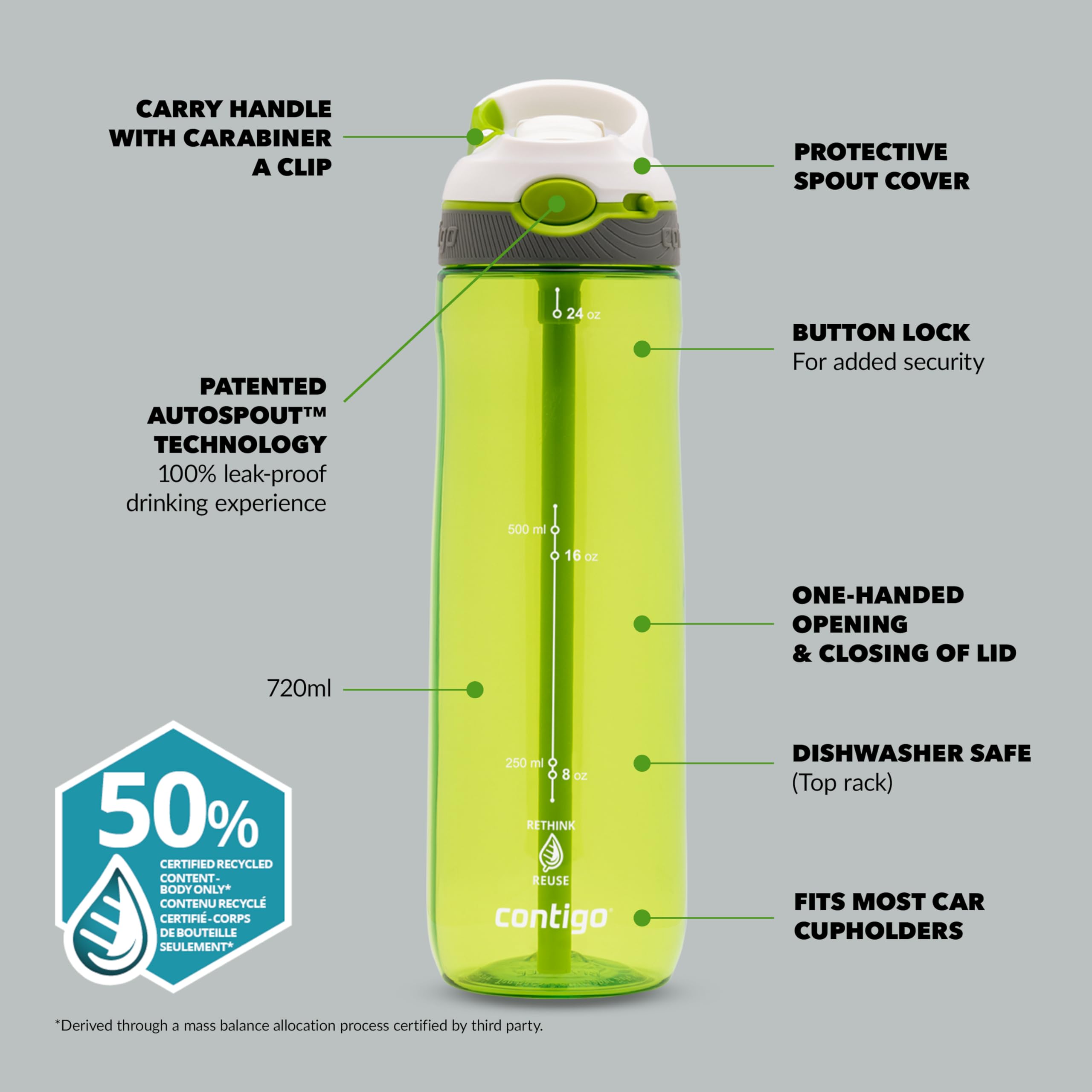 Contigo Ashland Autoseal Butelka na wodę ze słomką, duża, 720 ml, bez BPA, butelka sportowa, szczelna butelka na napoje, idealna do szkoły, na siłownię, rower, do biegania, wędrówek