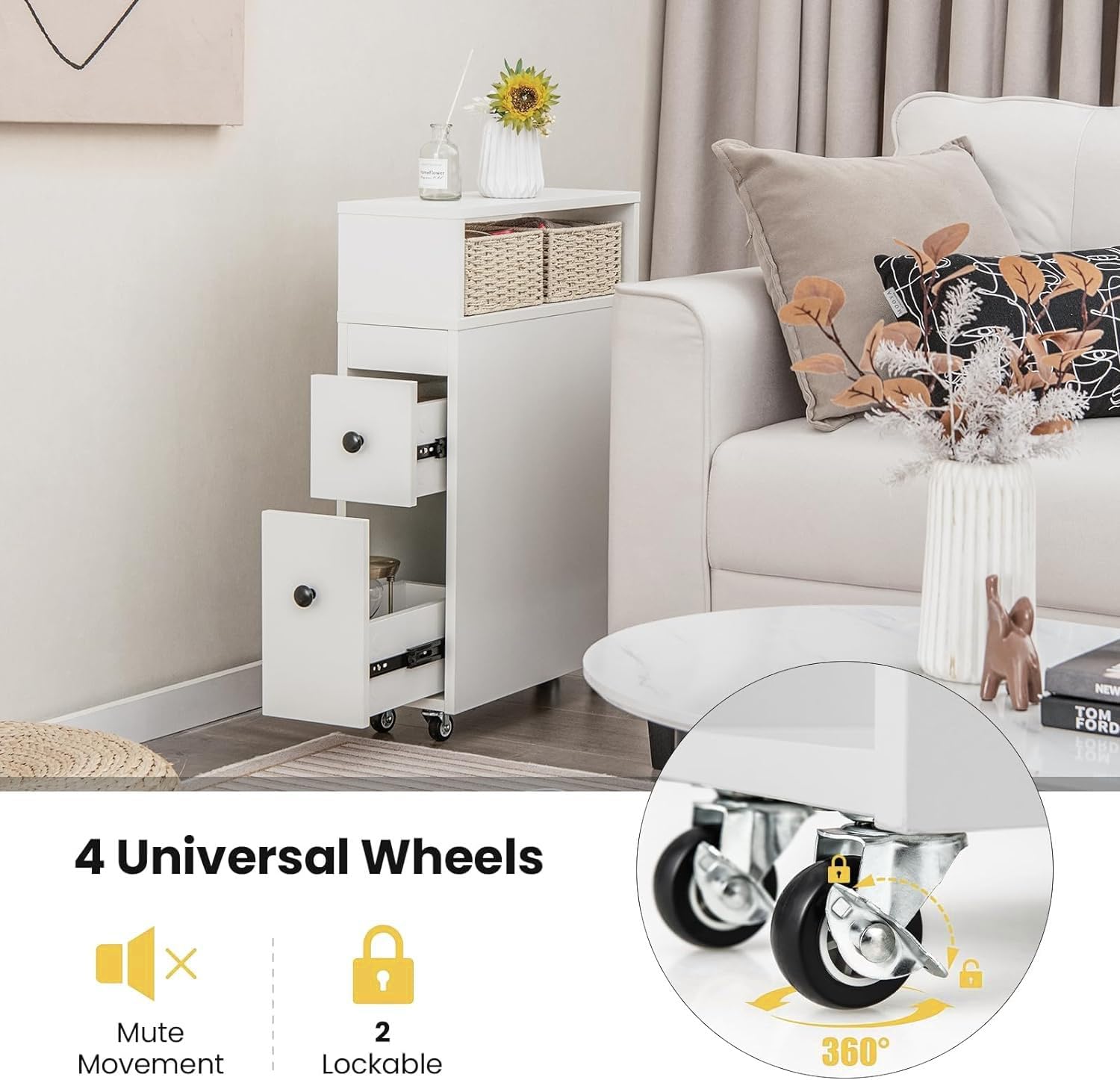 FUATDA Slim Bathroom Storage Cabinet, Narrow Side Bathroom Organizer with Wheels, 2 Slide Out Drawers, 2 Baskets, Rolling Narrow Toilet Side Cabinet for Small Space Bathroom Living Room Bedroom, White