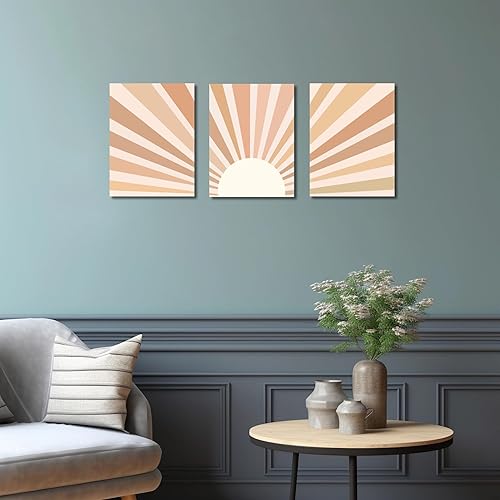 Miniatura 9 de YokiMino Juego de 3 arte bohemio para pared, lienzo enmarcado moderno de mediados de siglo, diseño de líneas geométricas de naturaleza para sala de