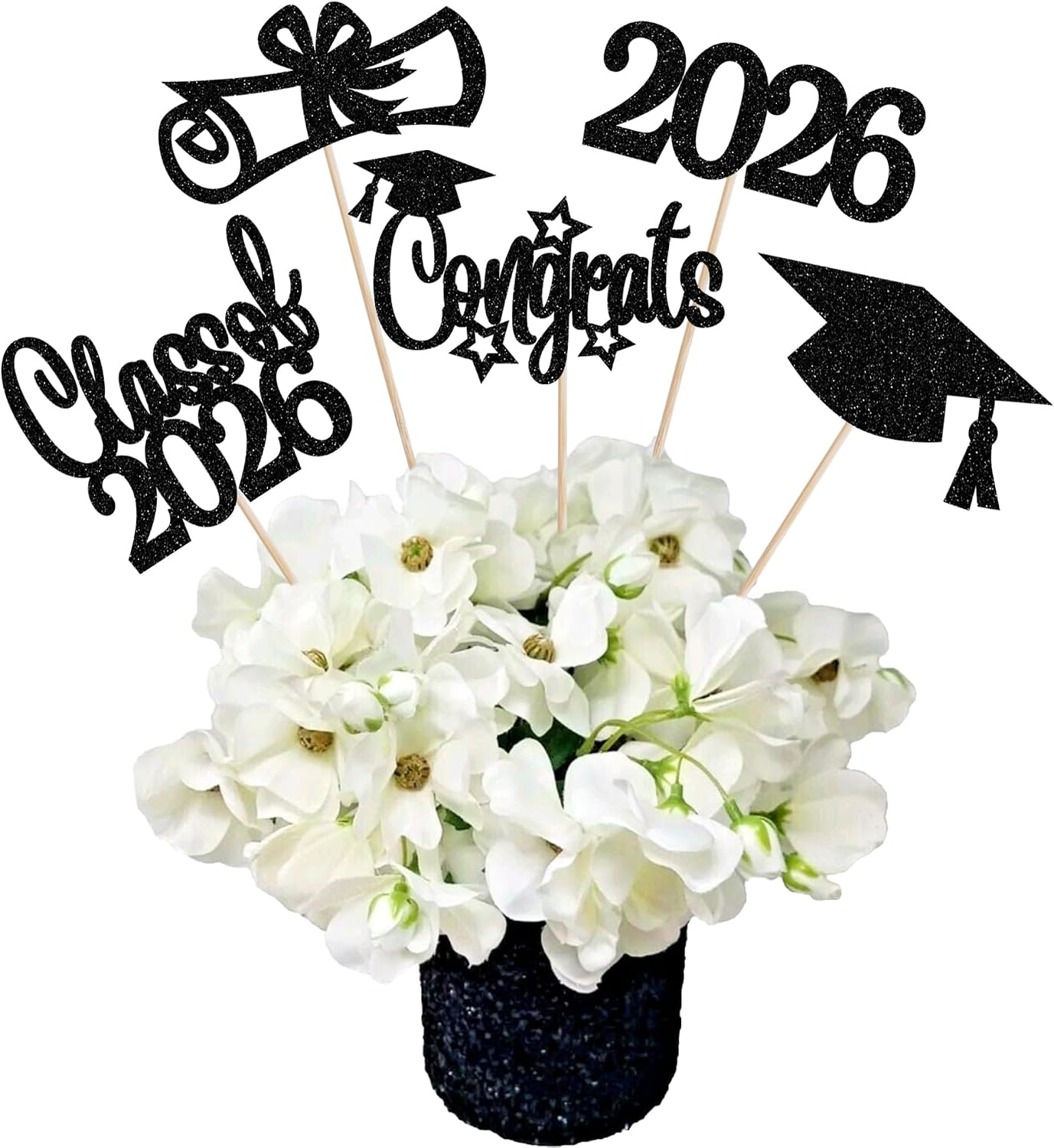 15 PCS 2026 Graduation Centerpiece Sticks Diploma Grad Cap Class of 2026 Table Flower Centerpieces Congrats 2026 Senior Graduation Floral Decorations for 2026 Graduation Theme Party Supplies Black