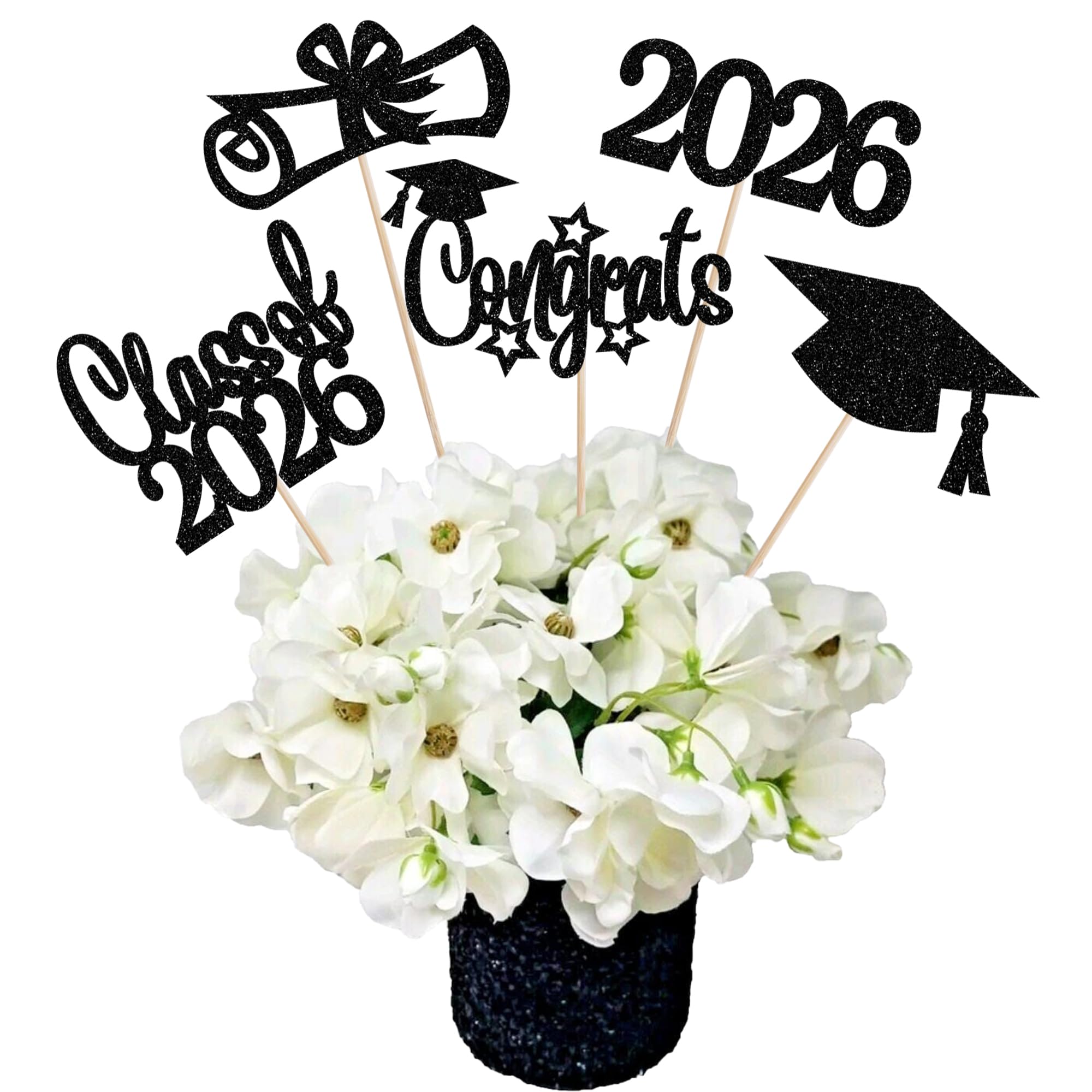 Photo 1 of 15 PCS 2026 Graduation Centerpiece Sticks Diploma Grad Cap Class of 2026 Table Flower Centerpieces Congrats 2026 Senior Graduation Floral Decorations for 2026 Graduation Theme Party Supplies Black