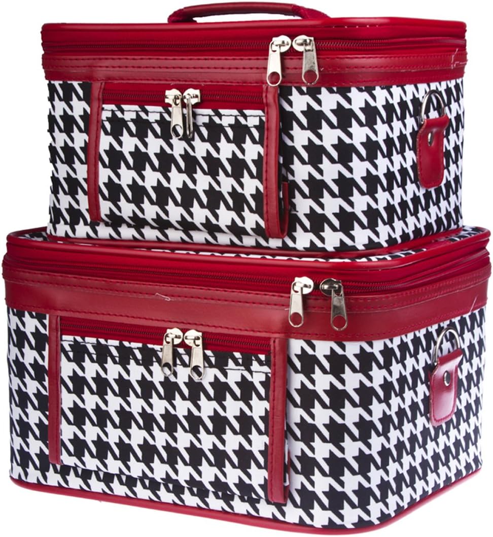 World Traveler 2-Piece Houndstooth Cosmetic Train Case Set, Black and White with Red Trim
