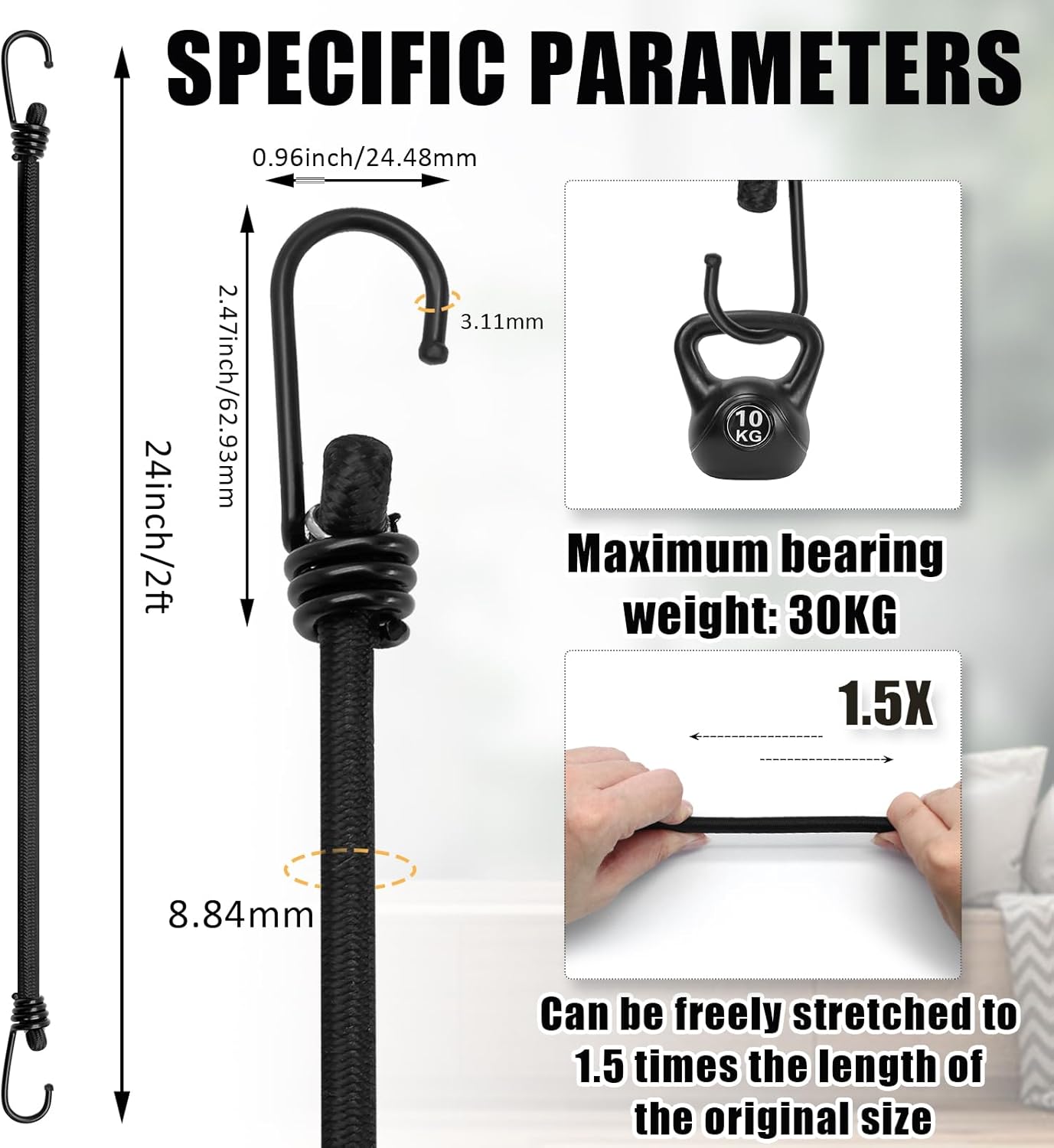 24 Inch Bungee Cords with Hooks Heavy Duty, Black Bungee Cords Heavy Duty Outdoor, Elastic Bungee Strap Wwith Hooks for Camping, Tarps, Tents, Hiking, Bike Rack, Luggage Rack, Cargo, (4 Pack)