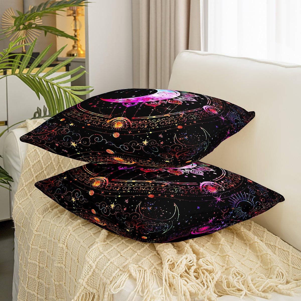 Loussiesd Set di 2 federe per cuscini in stile bohémien, con sole e luna, per divano, letto, sedia, auto, bohémien, decorazione per la casa, decorazione per esterni, decorazione per la stanza, 50