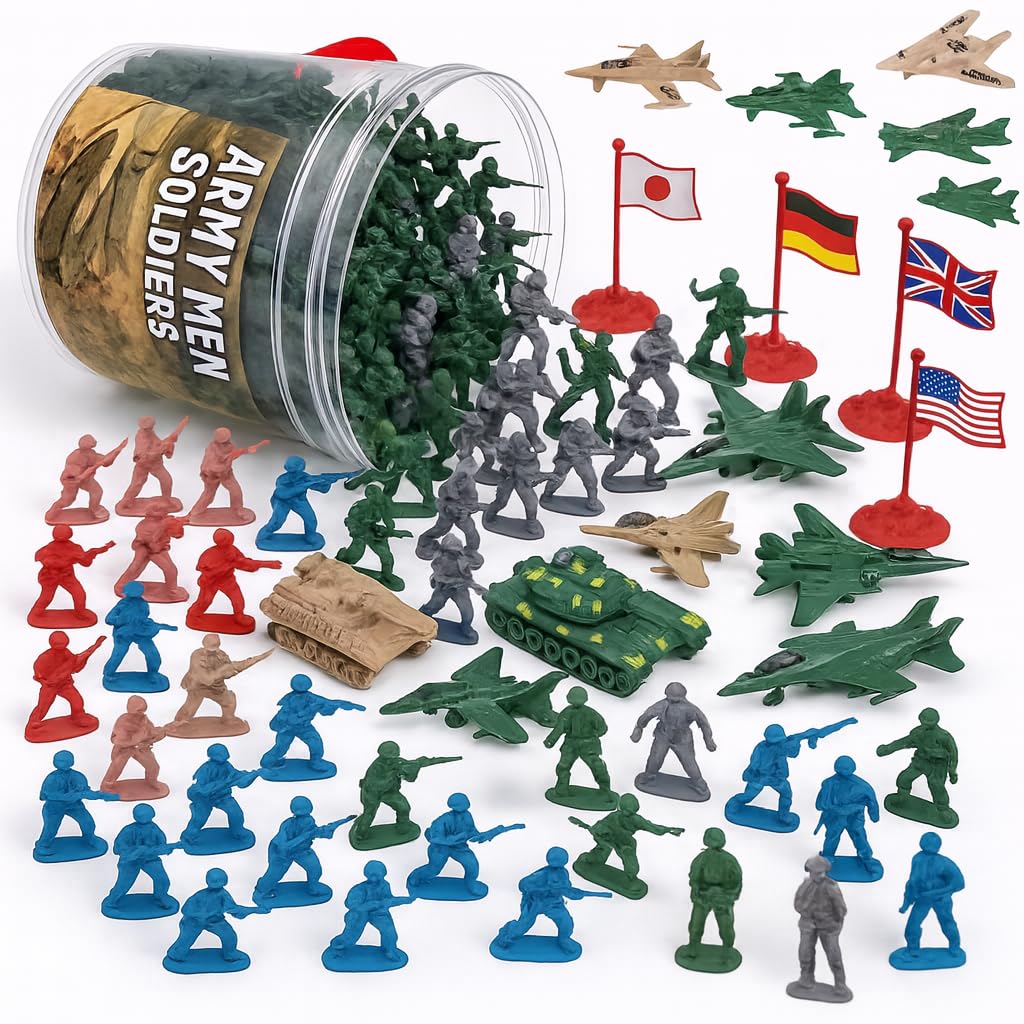 Liberty Imports Army Men Toy Soldiers Playset Bucket – WWII Action Figures with Military Vehicles, Accessories & Flags – Kids Imaginative Battle Toy Set (124 PCS - Soldiers + Mini Vehicles)