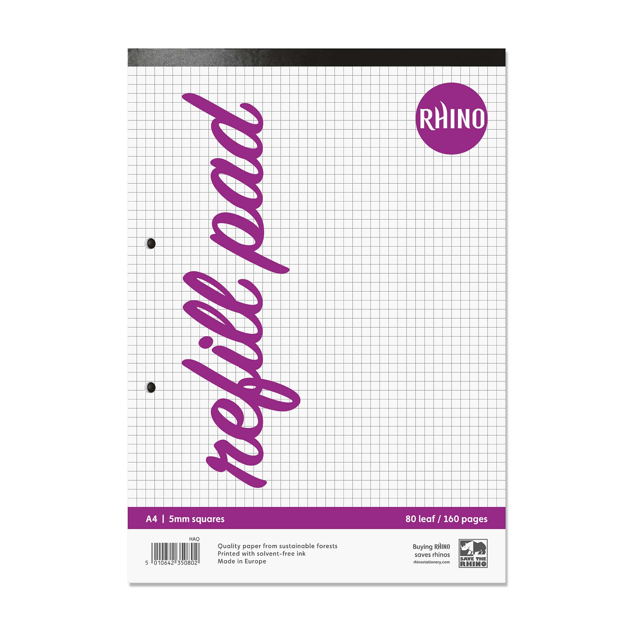 RHINO A4 Refill Pad, Writing Pad, 160 Page / 5mm Squared, 6 Pack, White Hole Punched Top Binding Writing Paper - Image 2