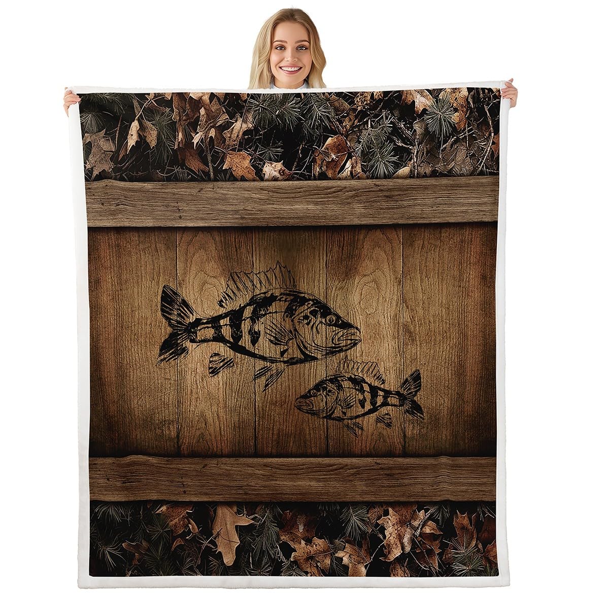 Camo Bass Fish Sherpa Blanket Fishing Bass Big Fish Fleece Bed Blanket Twin 60"X80" Rustic Farmhouse Lake House Throw Blanket For Boys Men Fisherman,