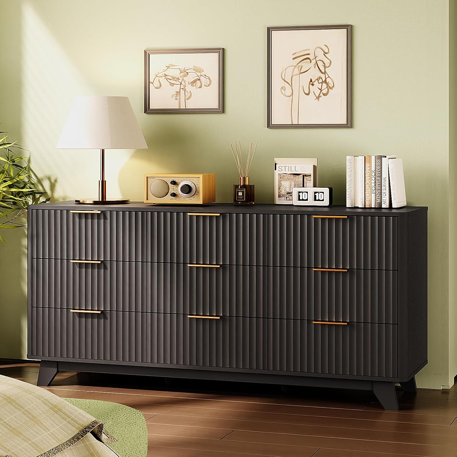 Bonnlo Fluted Dressers Chest of Drawers,57" Fluted Wide Modern Dresser with Metal Handle, Curved Profile Design, Wood Drawer Organizer for Bedroom, Black