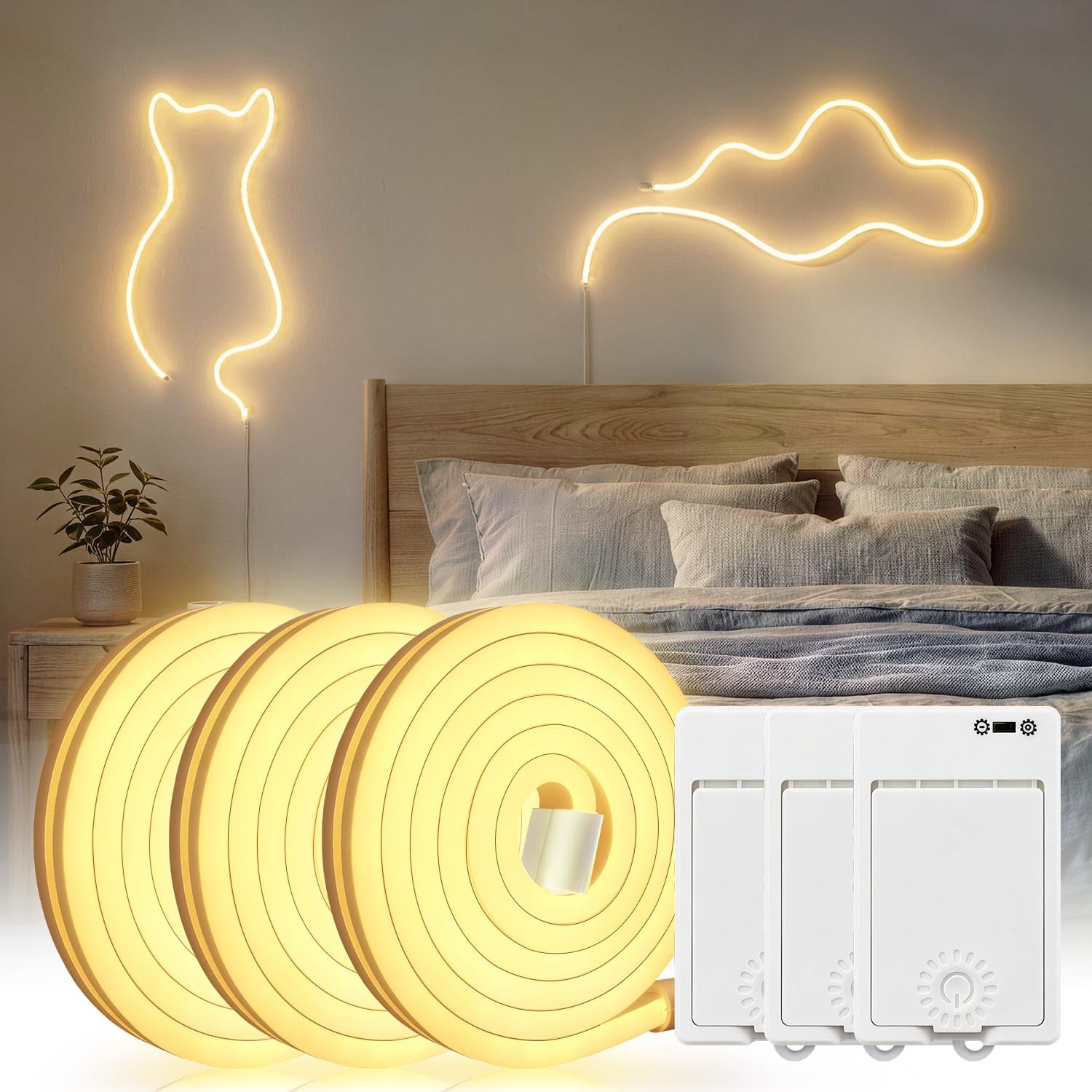Omika 3.3FT Neon Led Rope Light 3 Pack, Dimmable Led Strip Lights with Press Control Battery Box, IP65 Waterproof Flexible &Cuttable Silicone Rope Light for DIY Indoor, Outdoor, Garden Decor