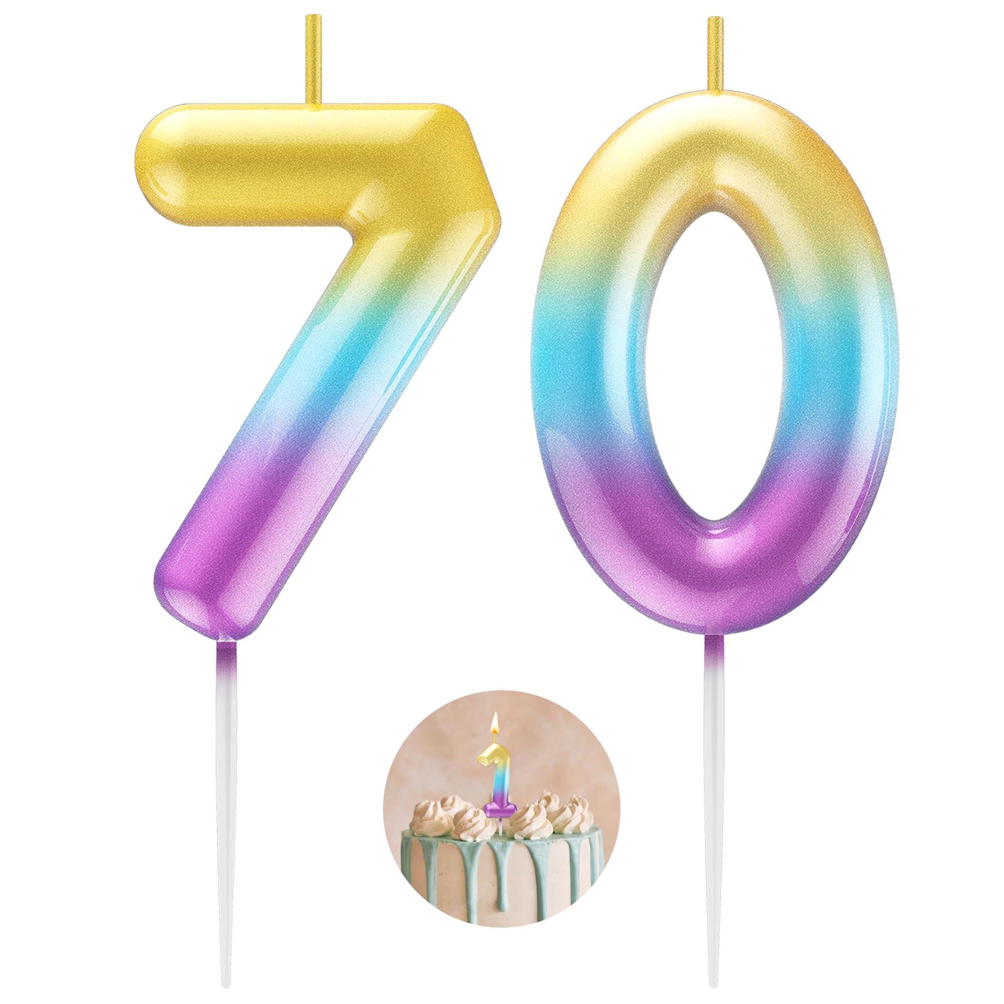 Rainbow Number 70 Candle Happy Birthday 3D Number Candles for Birthday Cake Party Decoration Wedding Anniversary Celebration Supplies