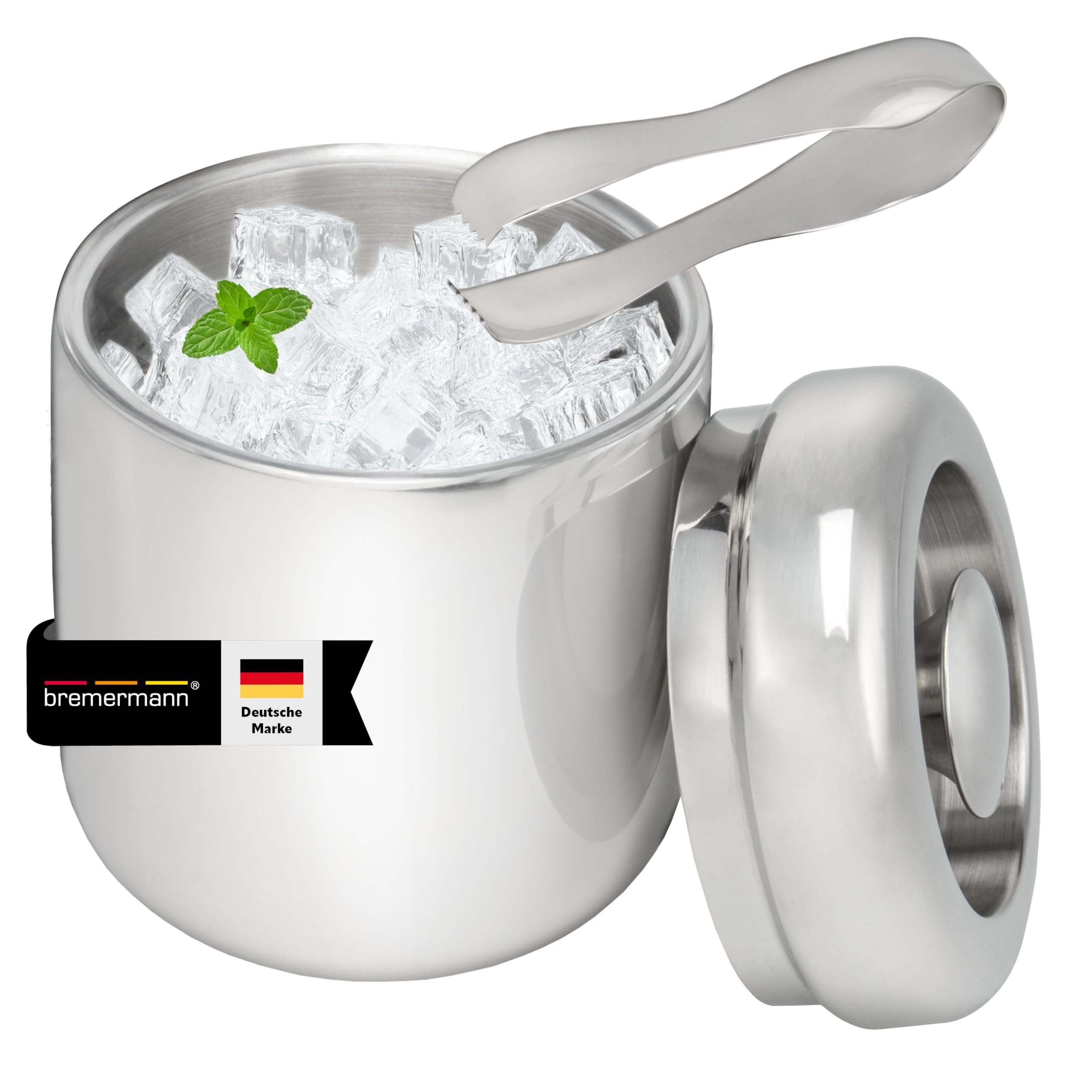 bremermann Eiswürfelbehälter mit Zange, Edelstahl-Eiskübel mit Deckel 1,5l, rund