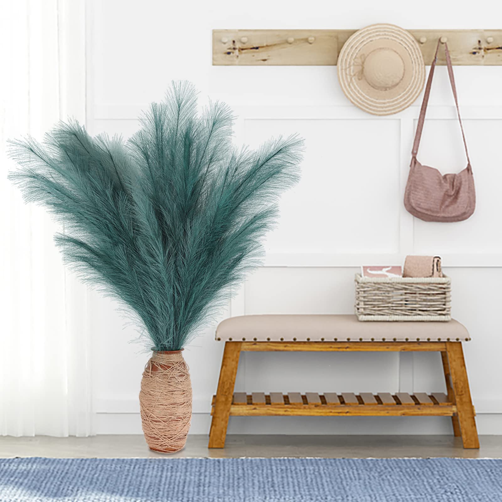 FadunArtificial Pampas Grass Decoration 5 Stem 39 Inches Large and Fluffy Decorative Artificial Flora Dried Flower Bouquets Boho Home Decor for Wedding (Lake Blue)