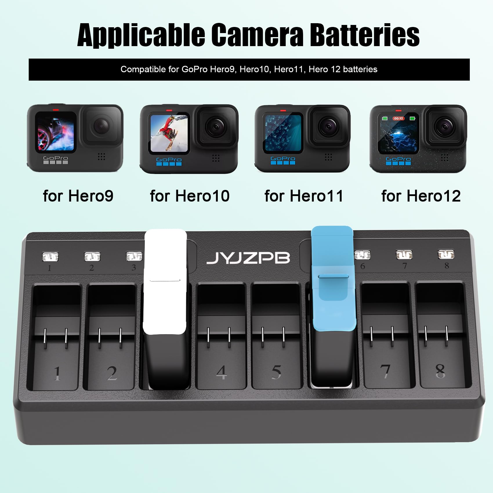 JYJZPB 8 Slot Battery Charger for GoPro Hero12 Hero11 Hero10 Hero9 Black Enduro Battery Multiple Battery Charger with Type C Cable for GoPro Hero 12/11/10/9
