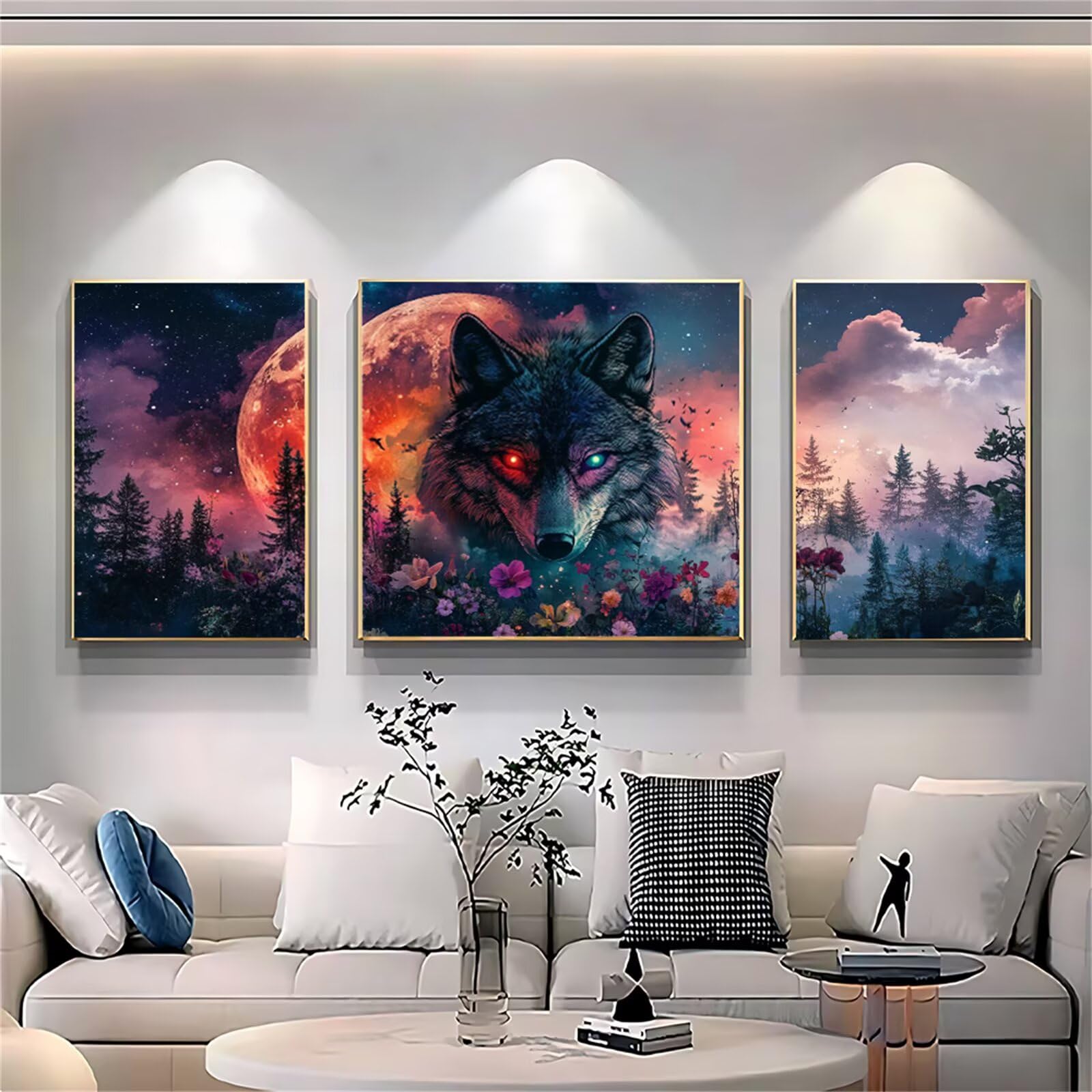 Malowanie według liczb, wilk, malowanie według liczb, 3 sztuki, "zrób to sam", 60 x 120 cm, malowanie według liczb, z pędzlami i farbą akrylową, zestaw do majsterkowania dla dorosłych, do dekoracji