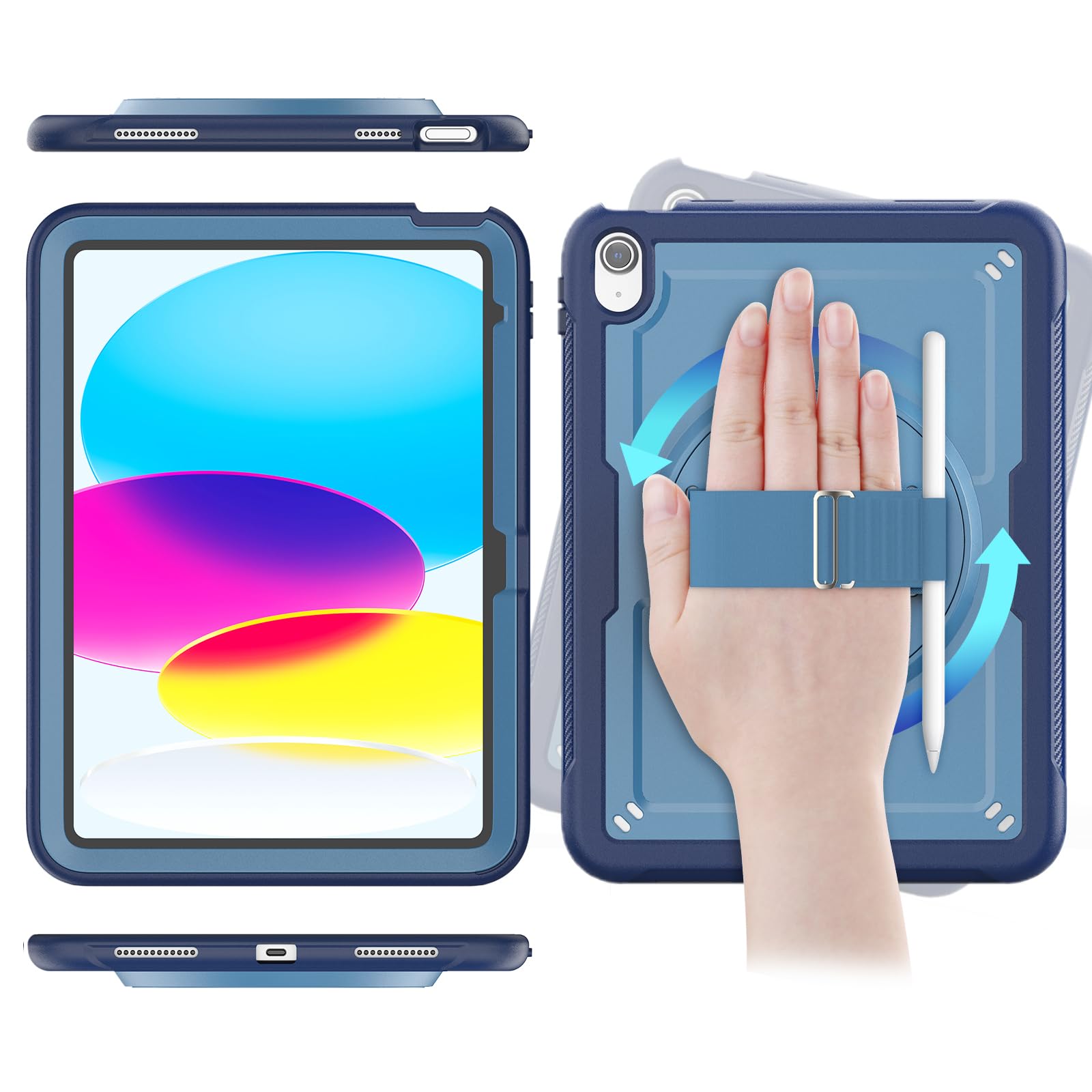 SEYMAC stock Coque pour iPad (A16) 11ème/10ème Génération 11''/10,9'' 2025/2022, Antidérapant Givré/Antichoc, avec [Support/Dragonne Rotatif à 360°] Protecteur D'écran & Porte-Stylet, Bleu Foncé