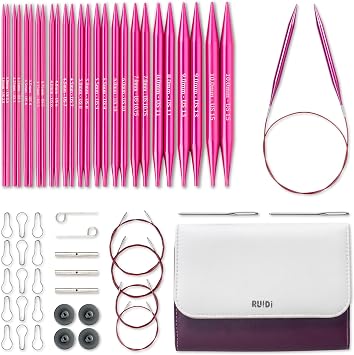 RUIDI Interchangeable Circular Knitting Needles Set with Case & Accessories | 13 pairs in sizes 3.0-10 mm, smooth 13 cm aluminium tips and 4 flexible memory-free cables for versatile projects
