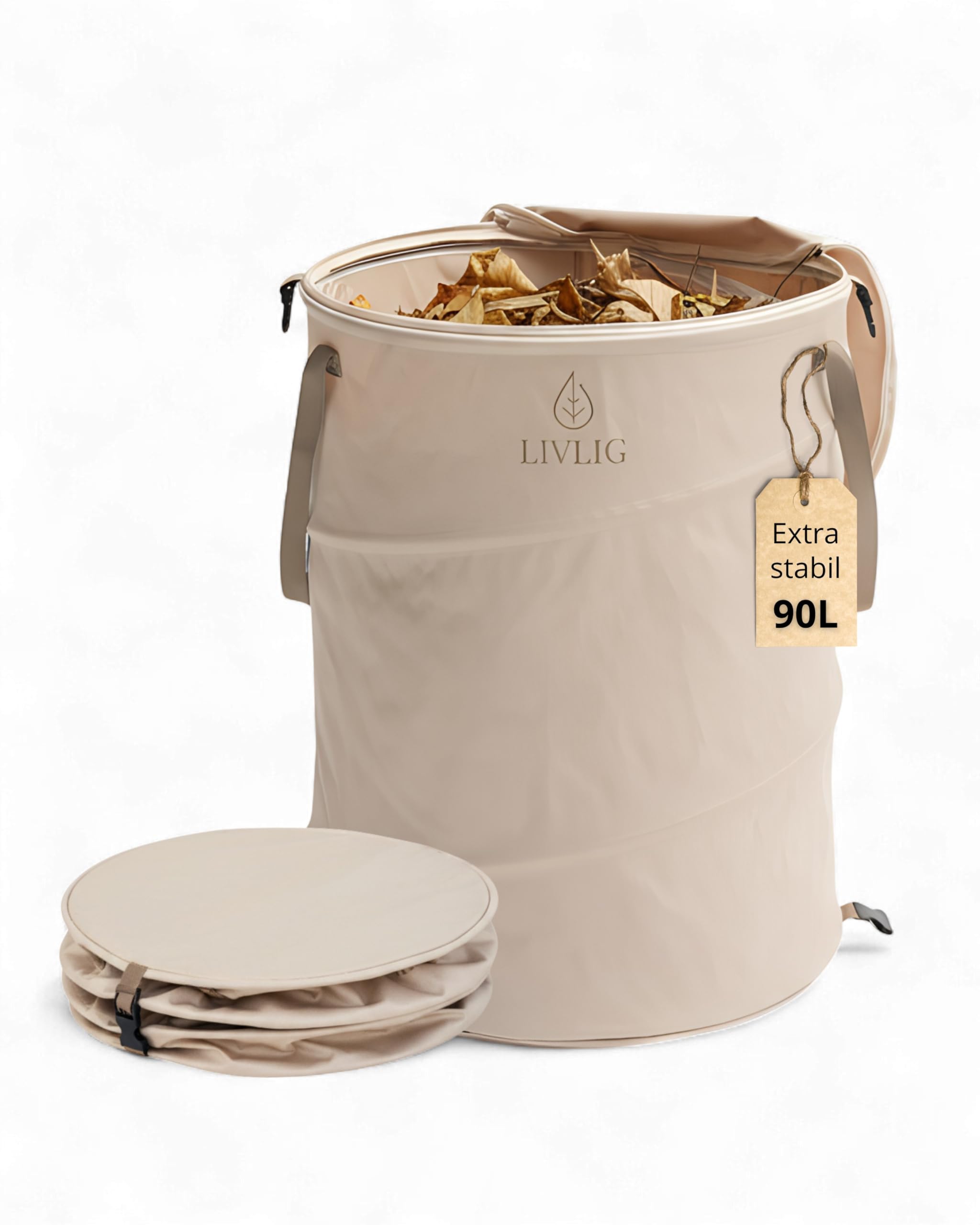 LIVLIG Pop Up Gartensack 90L, Faltbarer Gartenabfallsack mit Deckel und doppeltem Boden, Stabiler Laubsack mit Deckel, Laubsack und Gartenabfallsack Beige