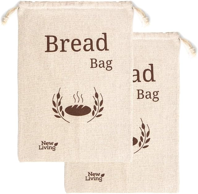 Extra Large New Living Organic Linen Cotton Bread Bag | 44x35 cm | 2 x Reusable Bread Bags | Food Storage Bag | Bread Storage Bags | Eco Bread Bag