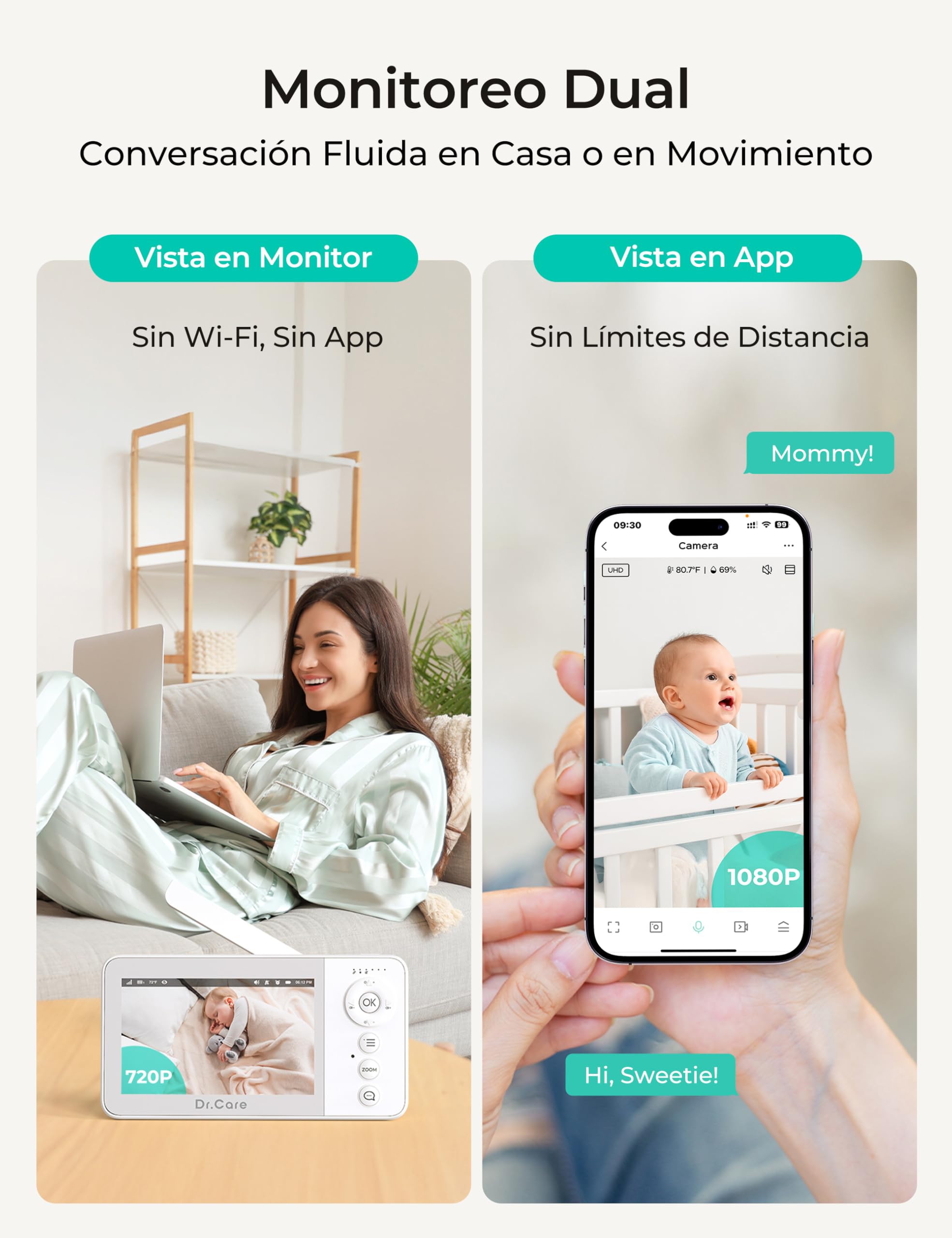 Dr. Care VistaView Lite RB Vigilabebés WiFi con Soporte Clip – Pantalla 4" 720P, Cámara 1080P, Control App, Alertas Movimiento, Batería 2500mAh extraíble, Visión Nocturna HD, Multiusuario