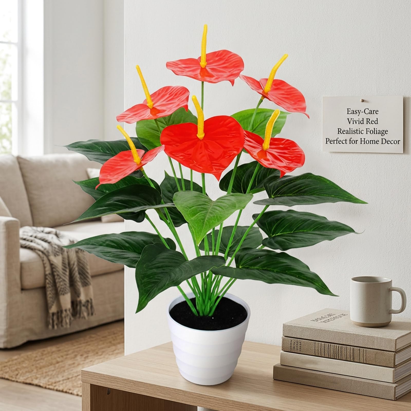 Anthurium artificiel de 19,7 pouces avec fleurs rouges artificielles réalistes sous pot blanc