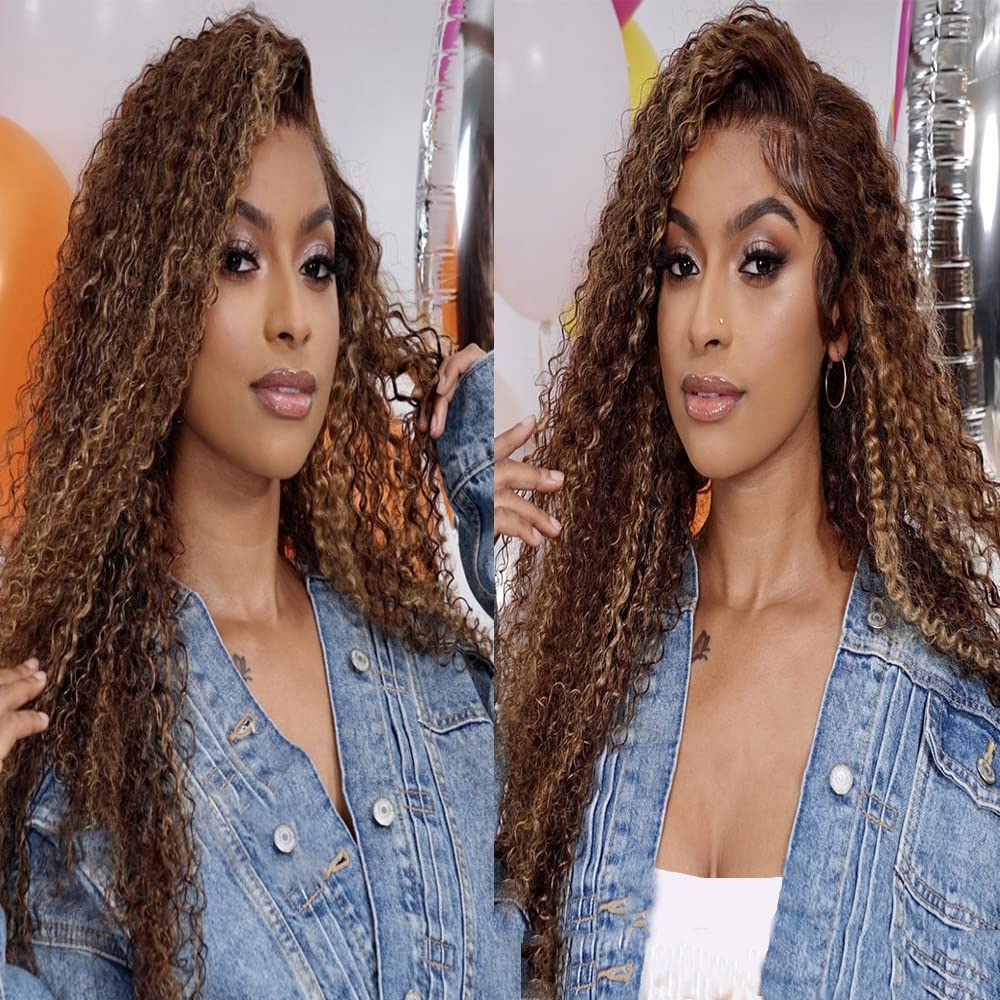 13x4 Highlight Curly Lace Front Wigs Human Hair 4/27 Honey Blonde