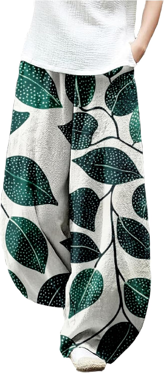 MARSVOVO Harem Pants Women Palazzo Wide Leg Pants Woman Novelty Plant Print Lightweight Baggy Sweatpants Travel Pants