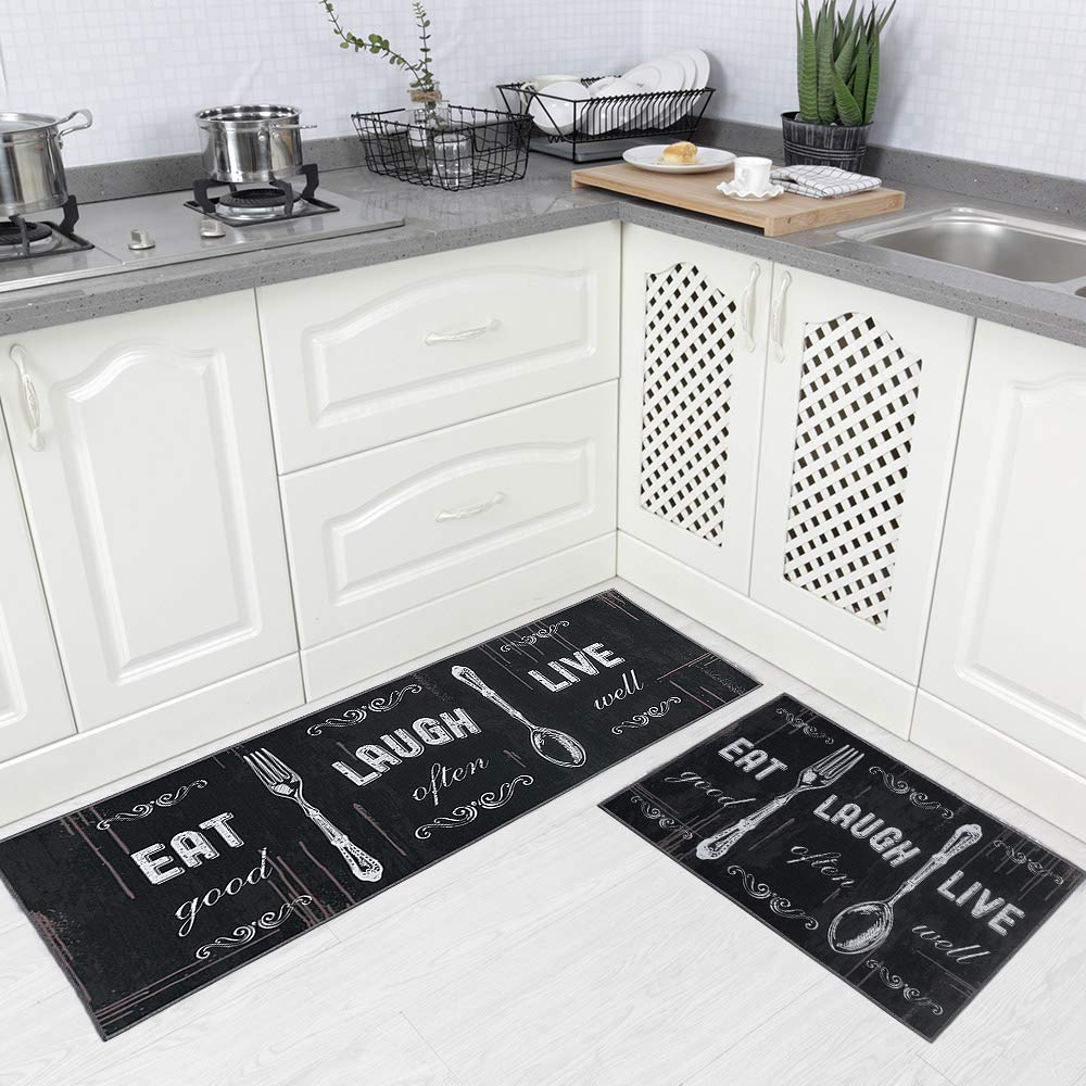 Carvapet 2 Piece Kitchen Rug Set Non-Slip Backing Mat Throw Rug for Kitchen Doormat Runner Rug Set, Motto Design (17"x48"+17"x24")
