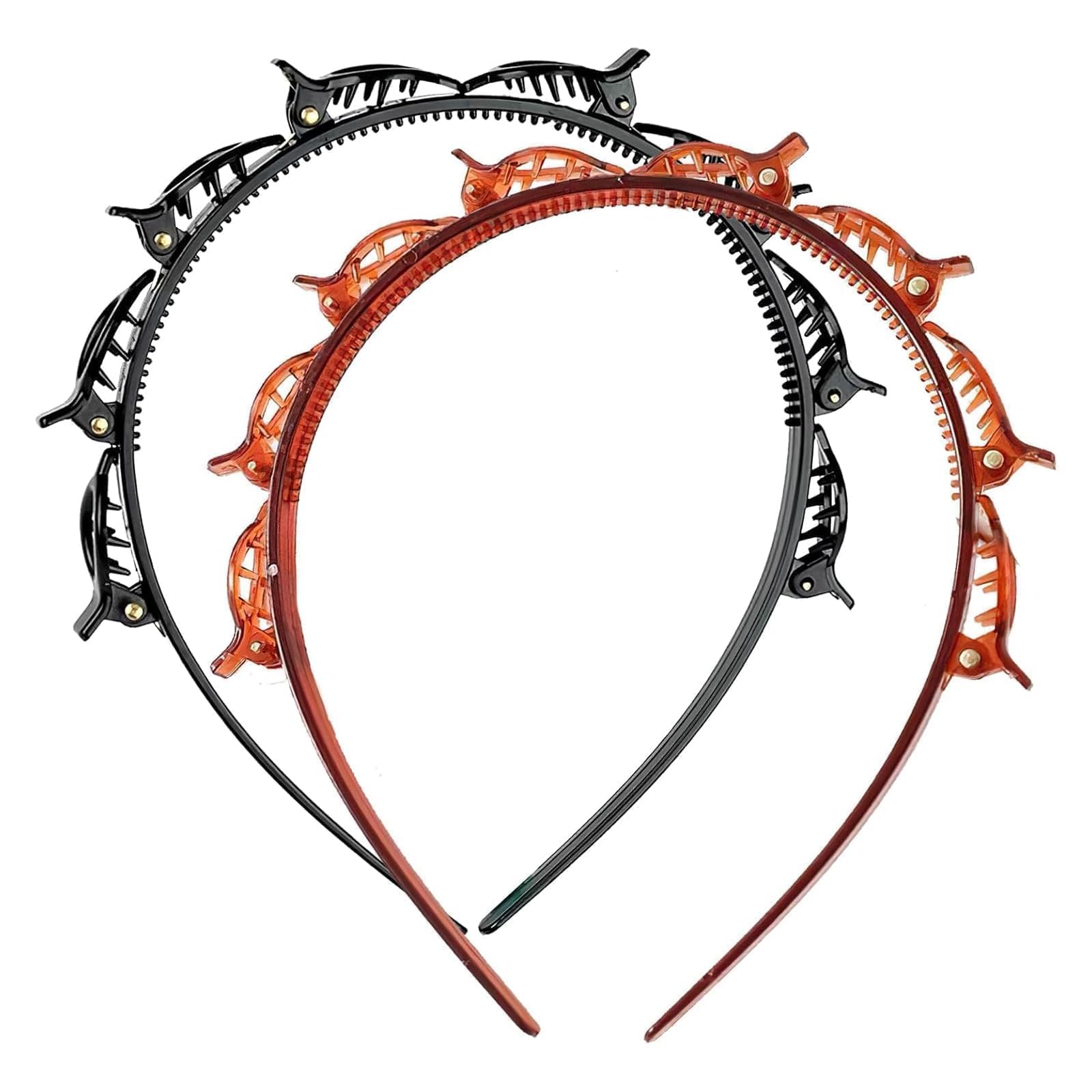 2 Pcs Double Bangs Hairstyle Hairpin Clip Headbands Multi-Layer Toothed Hair Band with Clips Attached Non-Slip for Women Girls Fashion Braid Tool Hair Accessories (Black