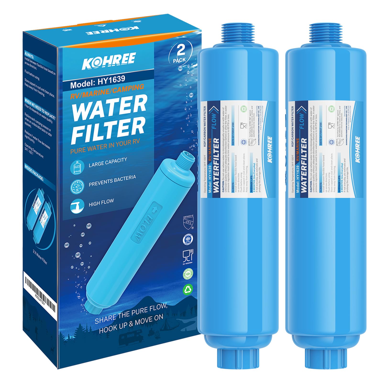 Kohree RV Water Filter, NSF Certified, Inline Water Filter Reduces Chlorine, Bad Taste, Odor, RV Accessories Ideal for Campers, Marine, Garden Hose, Boats, Trailer Motorhome, 2 Pack