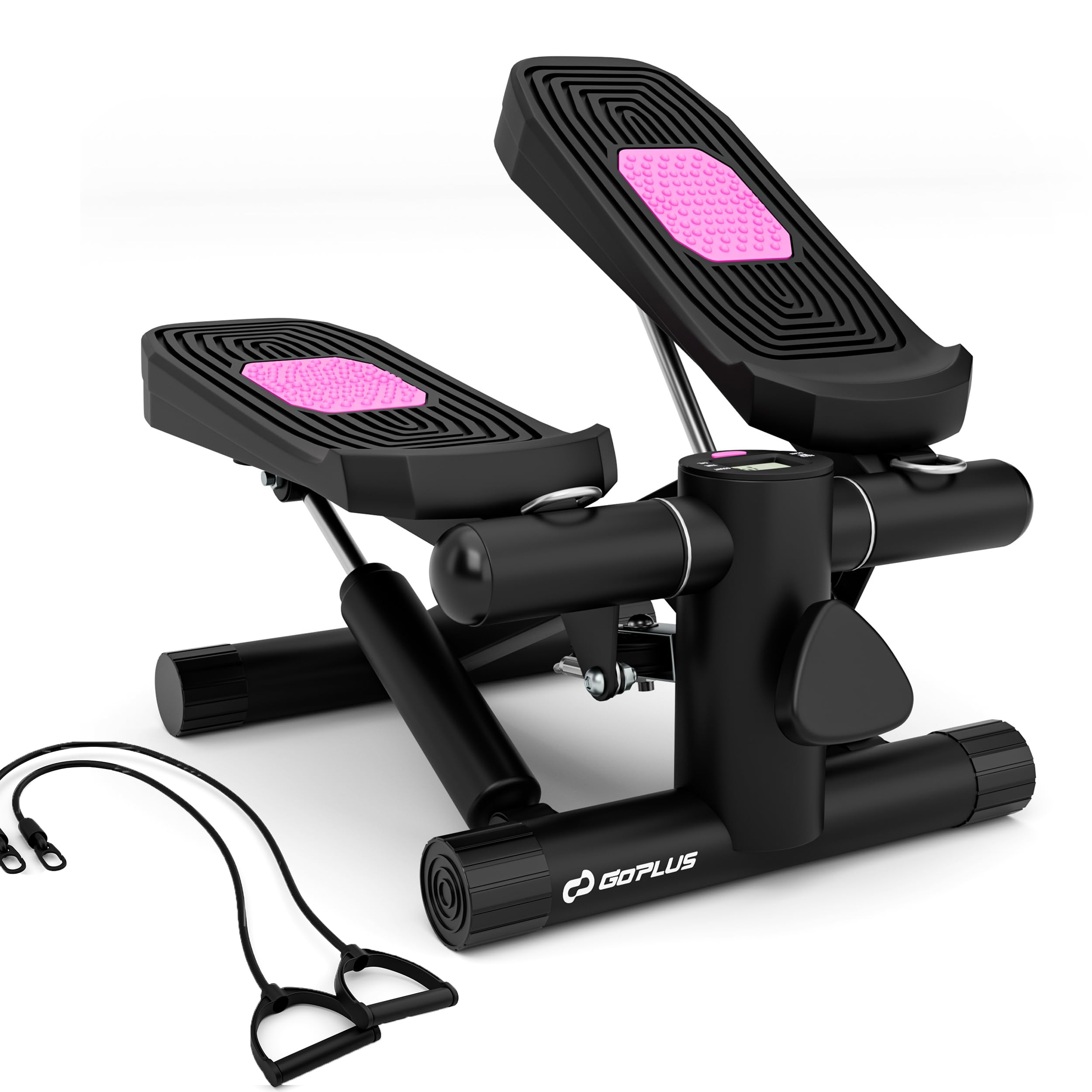 Goplus Steppers for Exercise at Home, Intensity Adjustable Hydraulic Mini Stepper w/Resistance Bands & LCD Monitor, Quiet & Portable Small Cardio Exercise Machine for Home Office or Under Desk