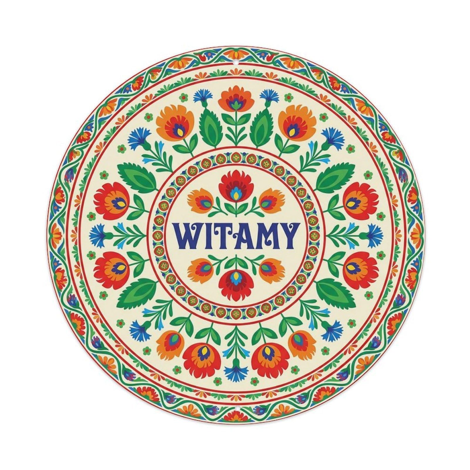 Vintage Polish Folk Art Witamy Welcome Floral Mandala Metal Tin Sign