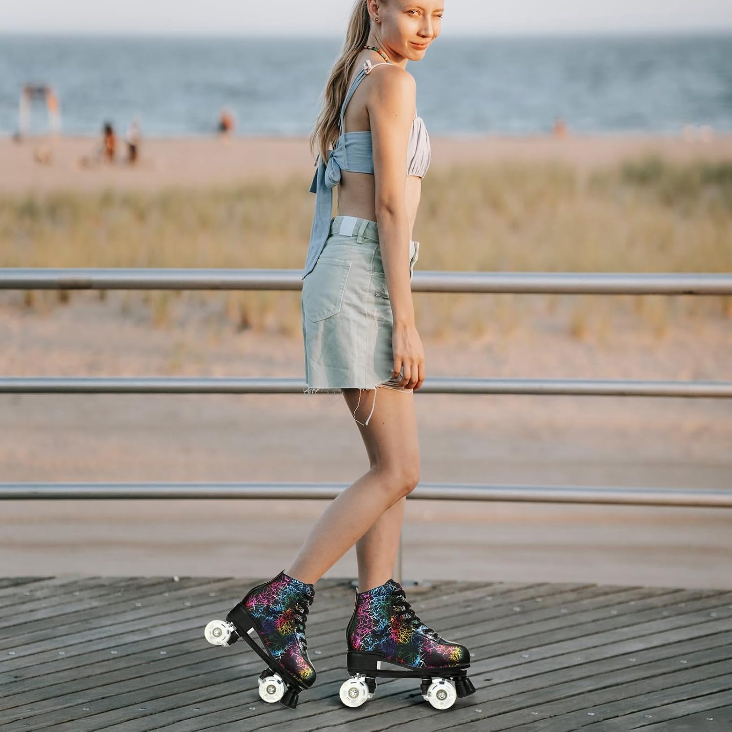 Women's Roller Skates Light Up Wheels, Adjustable Double Row Roller Skates Outdoor Shiny Derby Skates Illuminating for Teens and Youth