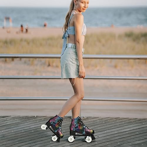 Miniatura 5 de Patines de ruedas para mujer, ruedas iluminadas, patines ajustables de doble fila, patines Derby brillantes para exteriores para adolescentes y