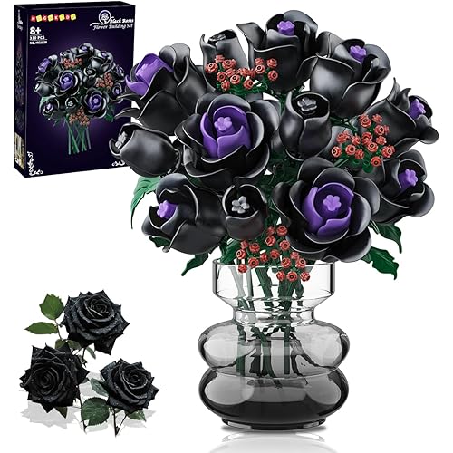 HOGOKIDS Flowers Bouquet Building Set - 15 Black Roses Botanical Collection Building Blocks Artificial Flower Toy, 330PCS Gothic Home Office Decor Christmas Birthday Gift for Adults Kids Girls Age 8+