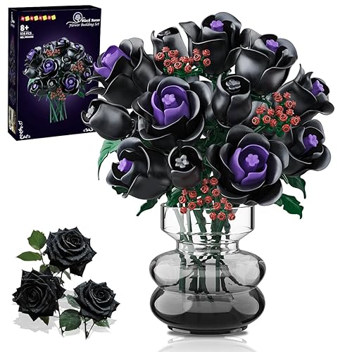 HOGOKIDS Valentine's Day Gift Flowers Bouquet Building Set - 15 Black Roses Botanical Collection Building Blocks Artificial Flower Toy, 330PCS Gothic Home Decors for Her Girlfriend Wife Adults Kids 8+