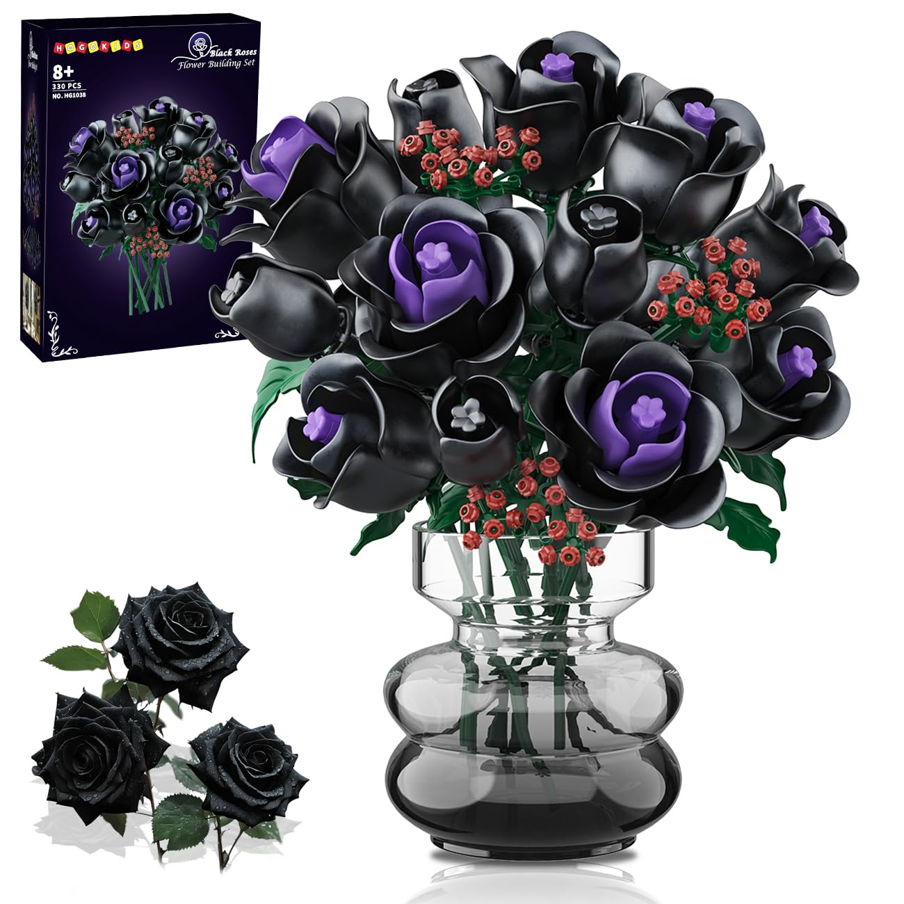 HOGOKIDS Flowers Bouquet Building Set - 15 Black Roses Botanical Collection Building Blocks Artificial Flower Toy, 330PCS Gothic Home Office Decor Christmas Birthday Gift for Adults Kids Girls Age 8+